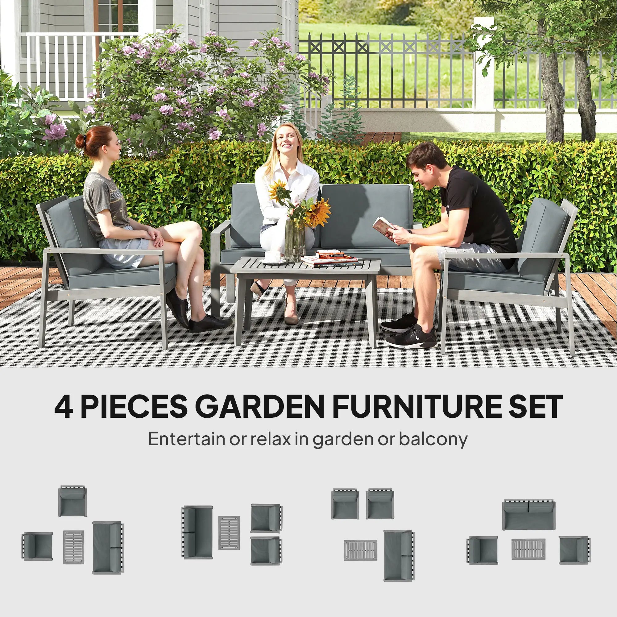 4-Piece Wooden Garden Furniture Set with Cushions - Light Grey