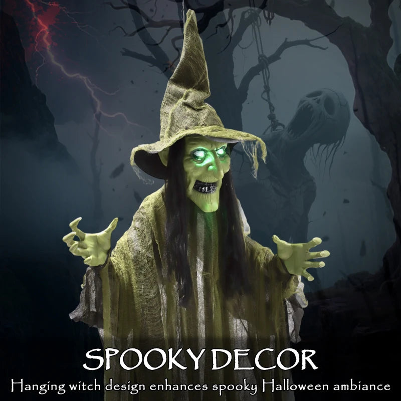 170 cm Life Size Hanging Halloween Animated Witch with Glowing LED Eyes, Spooky Witch Scary Halloween Decorations, Battery Operated, Indoor Party Props