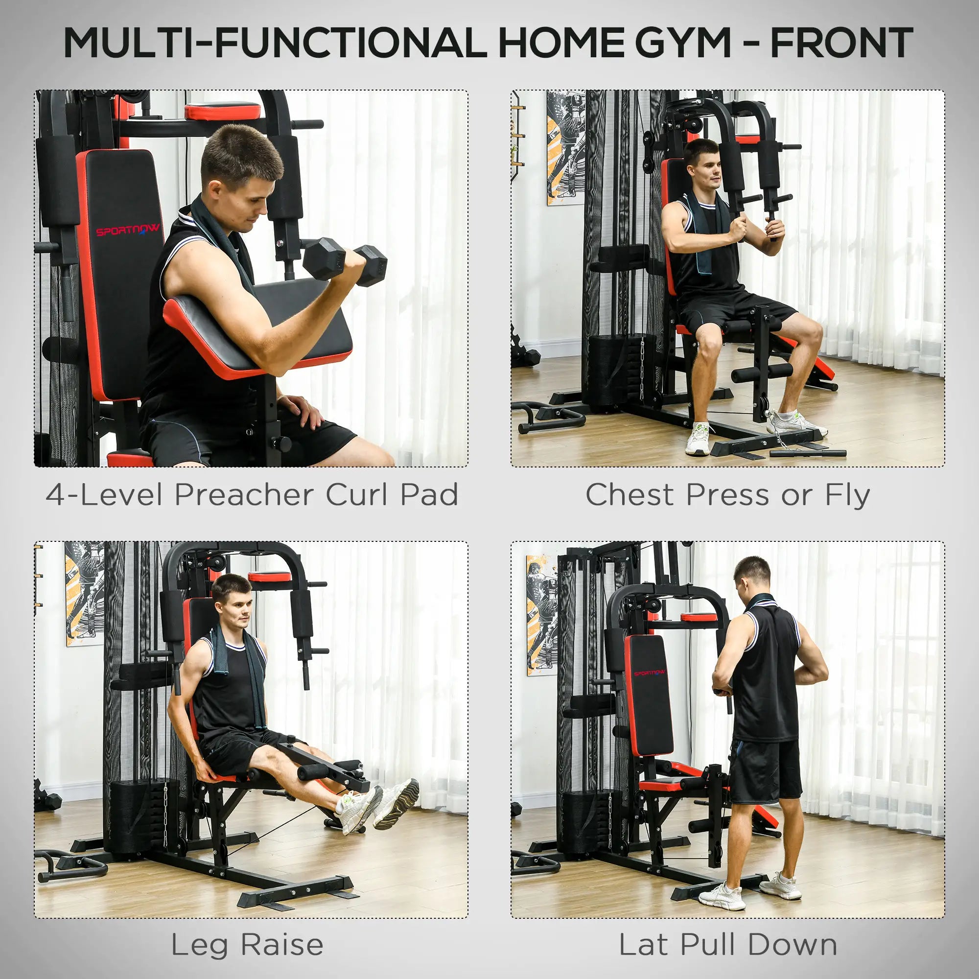 Multi Gym Workout Station, Weight Machine with 65kg Weight Stack, Sit Up Bench, Push Up Stand, Dip Station