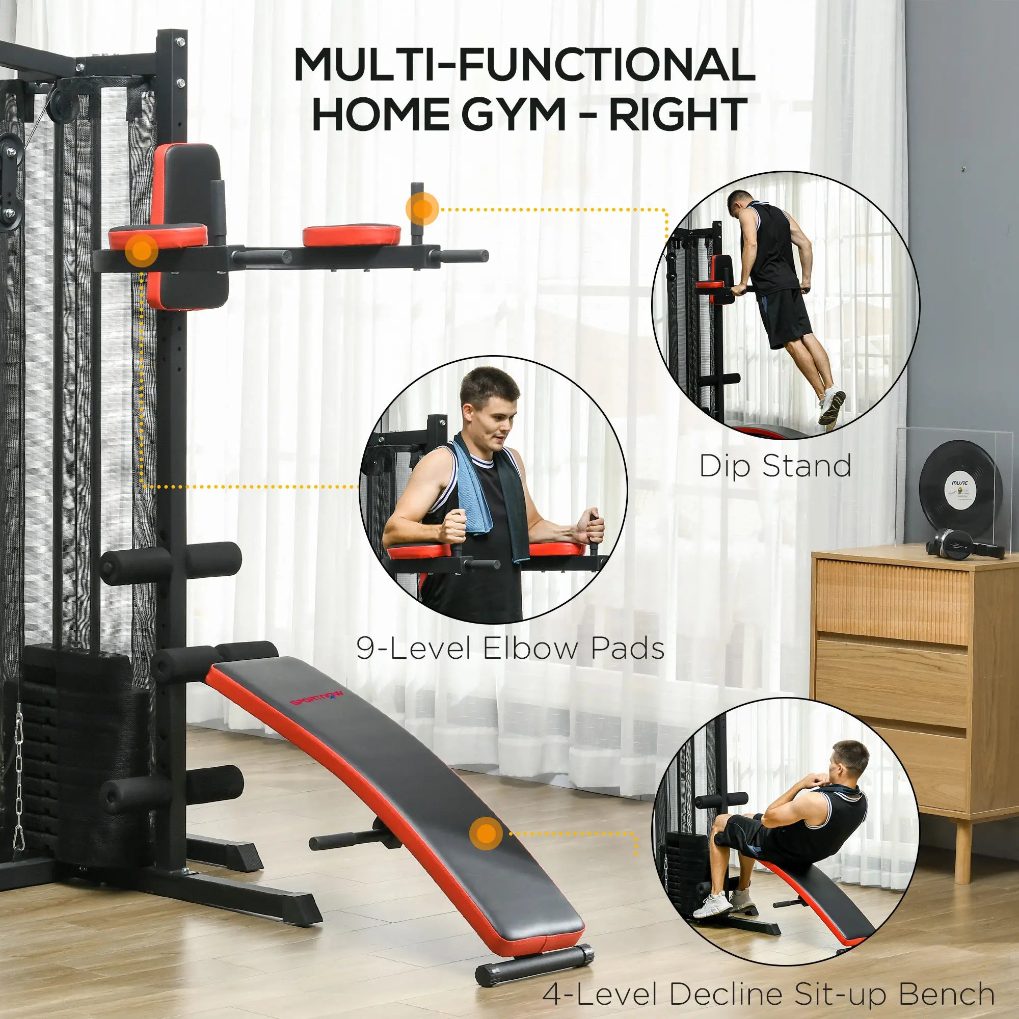 Multi Gym Workout Station, Weight Machine with 65kg Weight Stack, Sit Up Bench, Push Up Stand, Dip Station