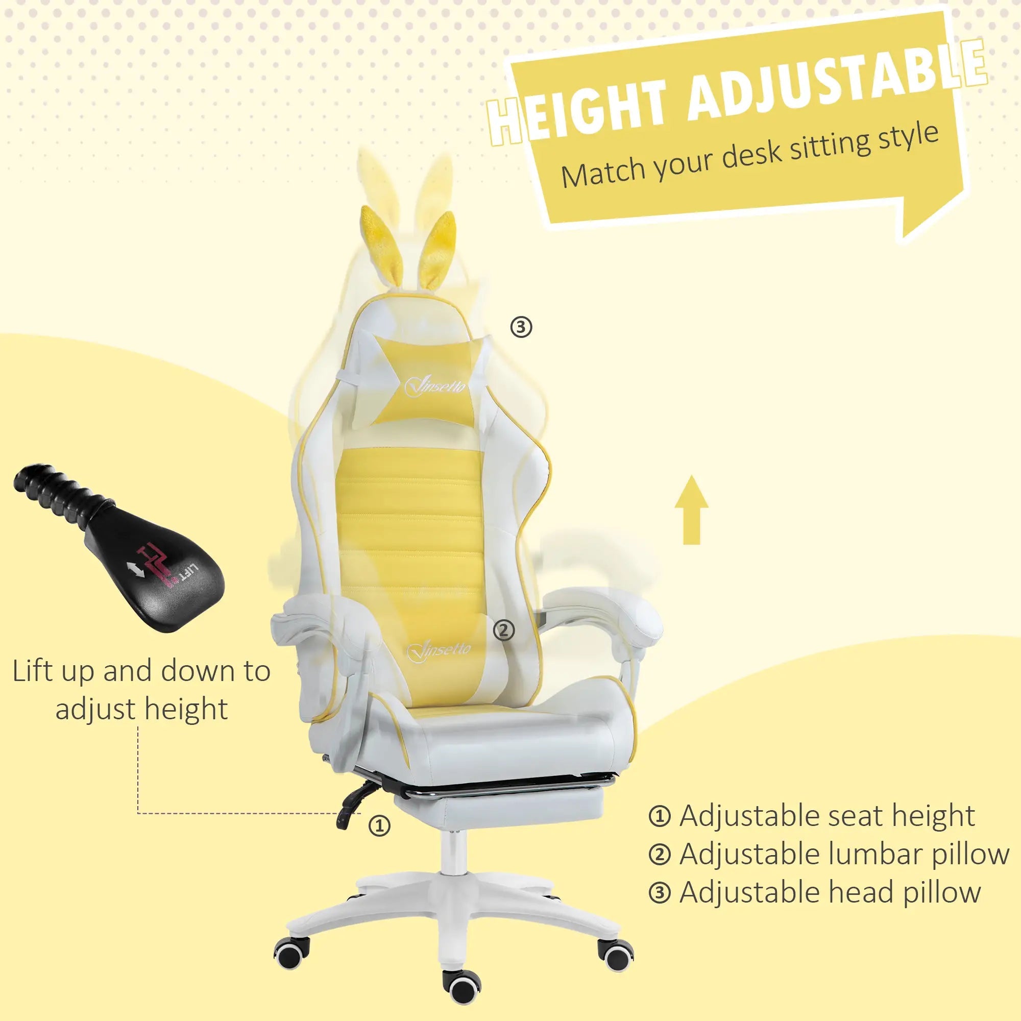 Racing Gaming Chair, Reclining PU Leather Computer Chair with Removable Rabbit Ears, Footrest, Headrest and Lumber Support, Yellow Bargain Clearance Centre
