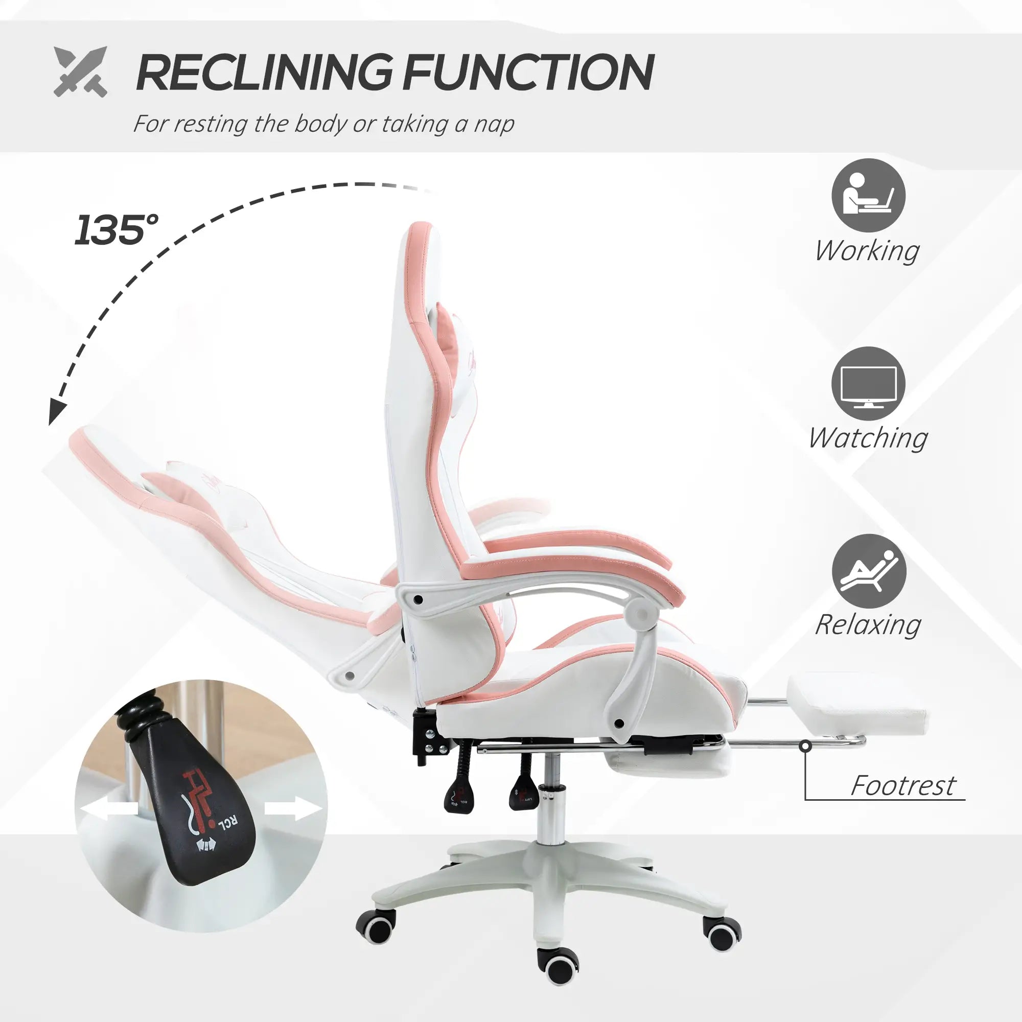 Computer Gaming Chair, PU Leather Desk Chair with Footrest, Swivel Task Chair with 135° Reclining Back and Lumbar Support, PC Chair for Adults, White and Pink Bargain Clearance Centre