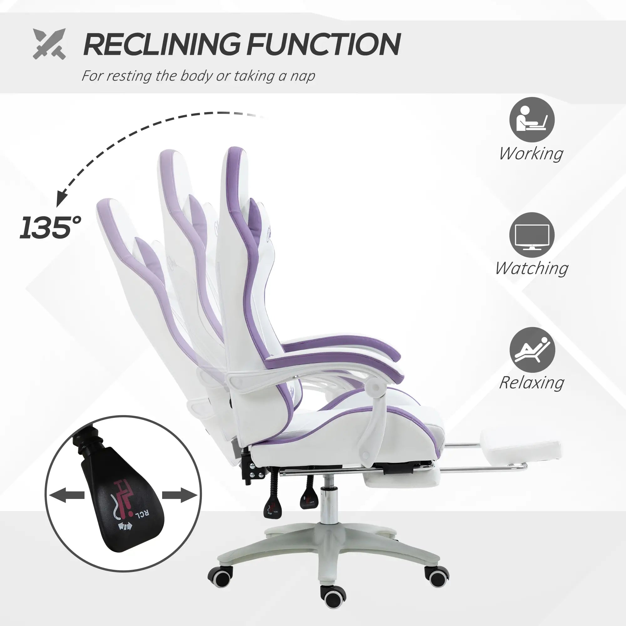 Computer Gaming Chair, PU Leather Desk Chair with Footrest, Swivel Task Chair with 135° Reclining Back and Lumbar Support, PC Chair for Adults, White and Purple Bargain Clearance Centre