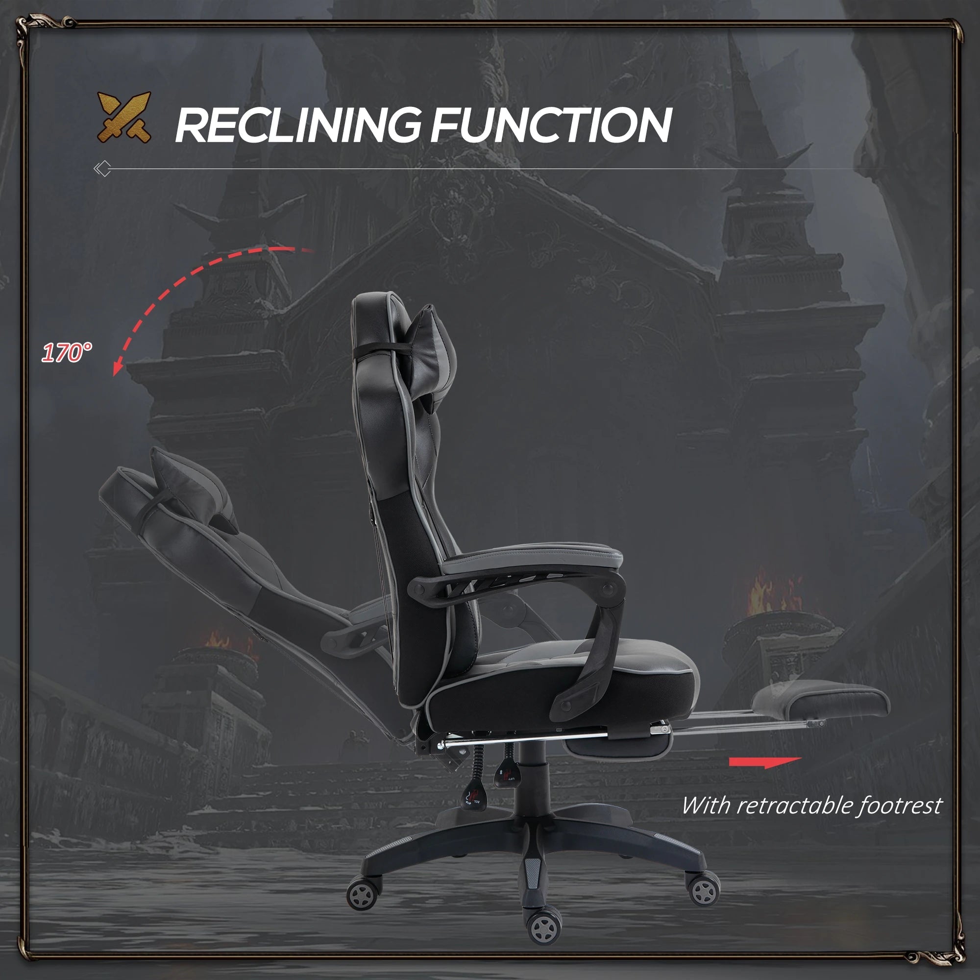 Computer Gaming Chair, Racing Desk Chair with Lumbar Support and Footrest, PU Leather Gamer Chair with Headrest and Swivel Wheels for Home, Grey Bargain Clearance Centre