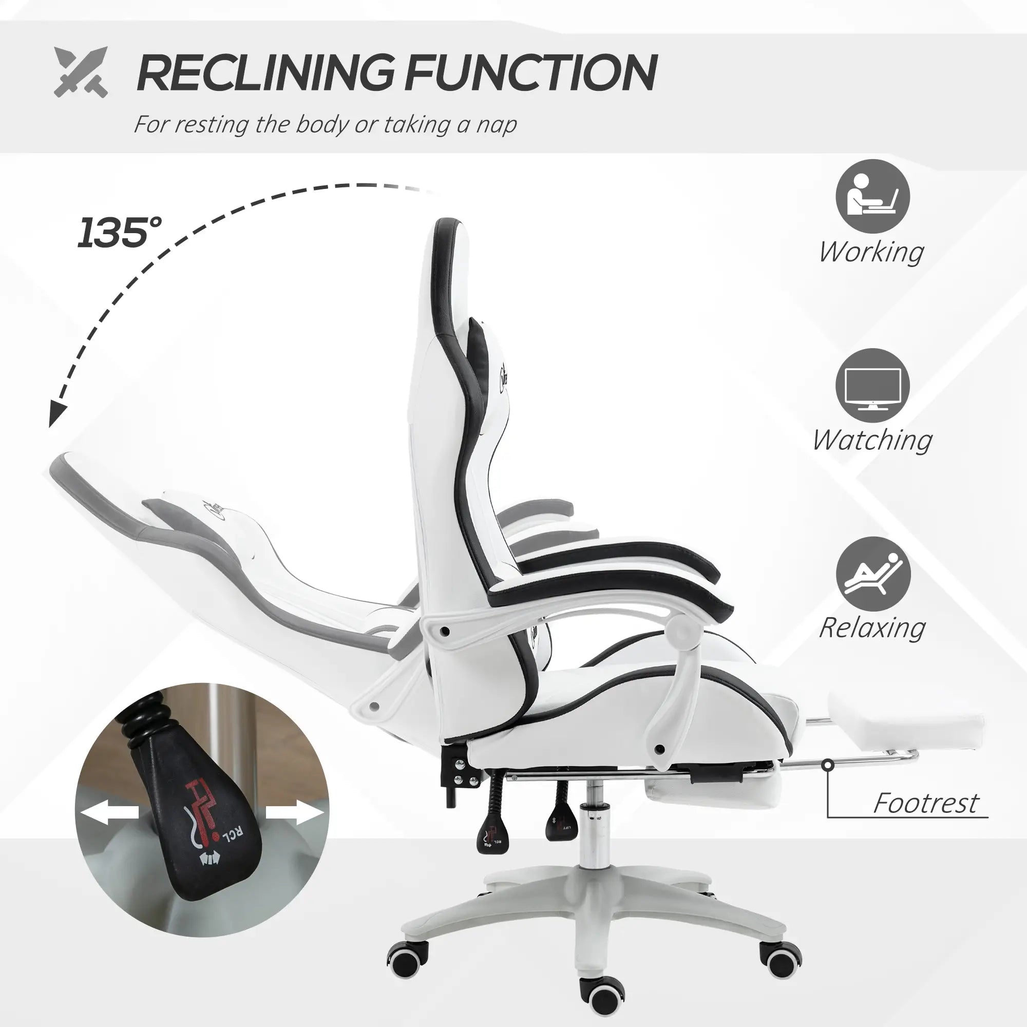 Computer Gaming Chair, PU Leather Desk Chair with Footrest, Swivel Task Chair with 135° Reclining Back and Lumbar Support, PC Chair for Adults, White and Black Bargain Clearance Centre