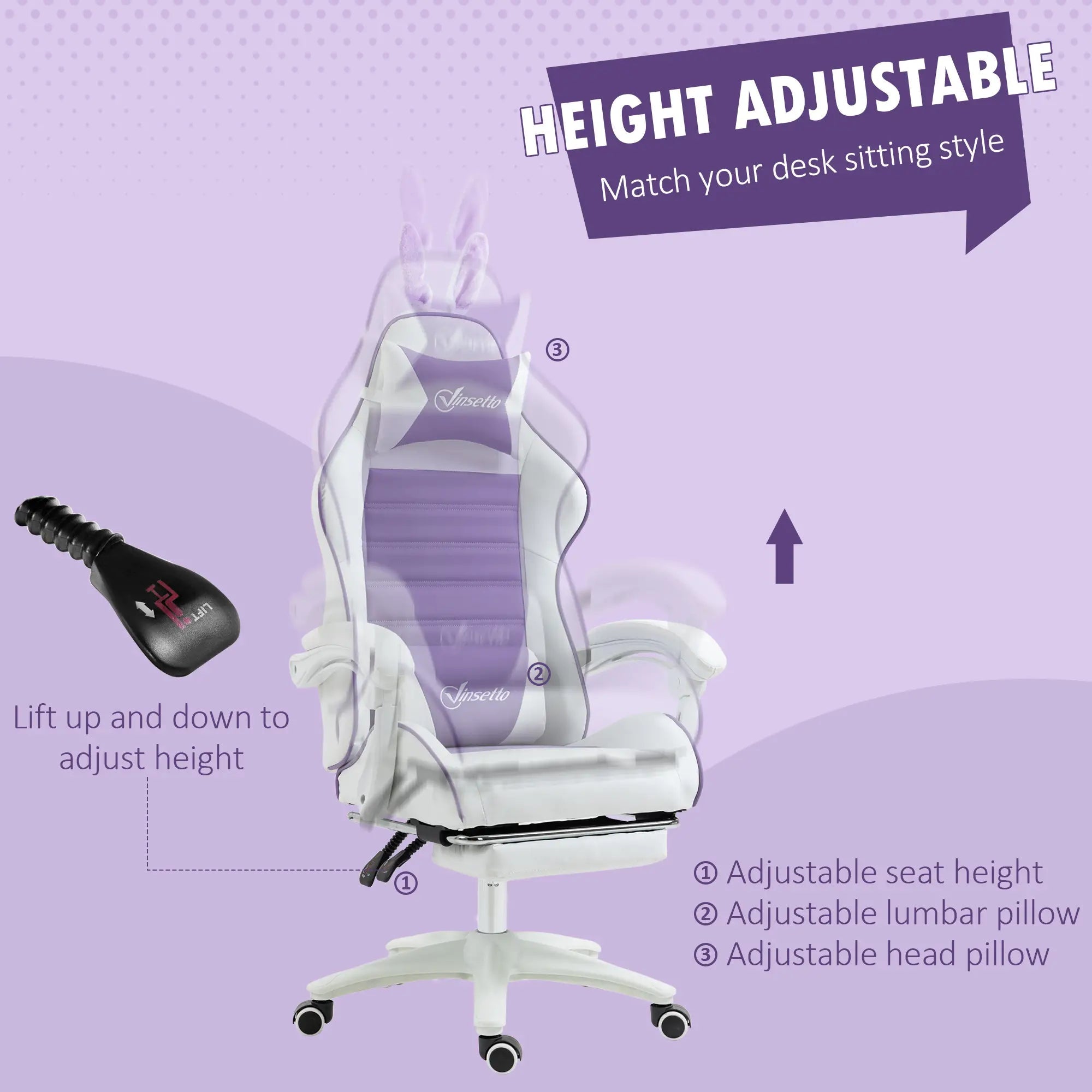Racing Gaming Chair, Reclining PU Leather Computer Chair with Removable Rabbit Ears, Footrest, Headrest and Lumber Support, Purple Bargain Clearance Centre