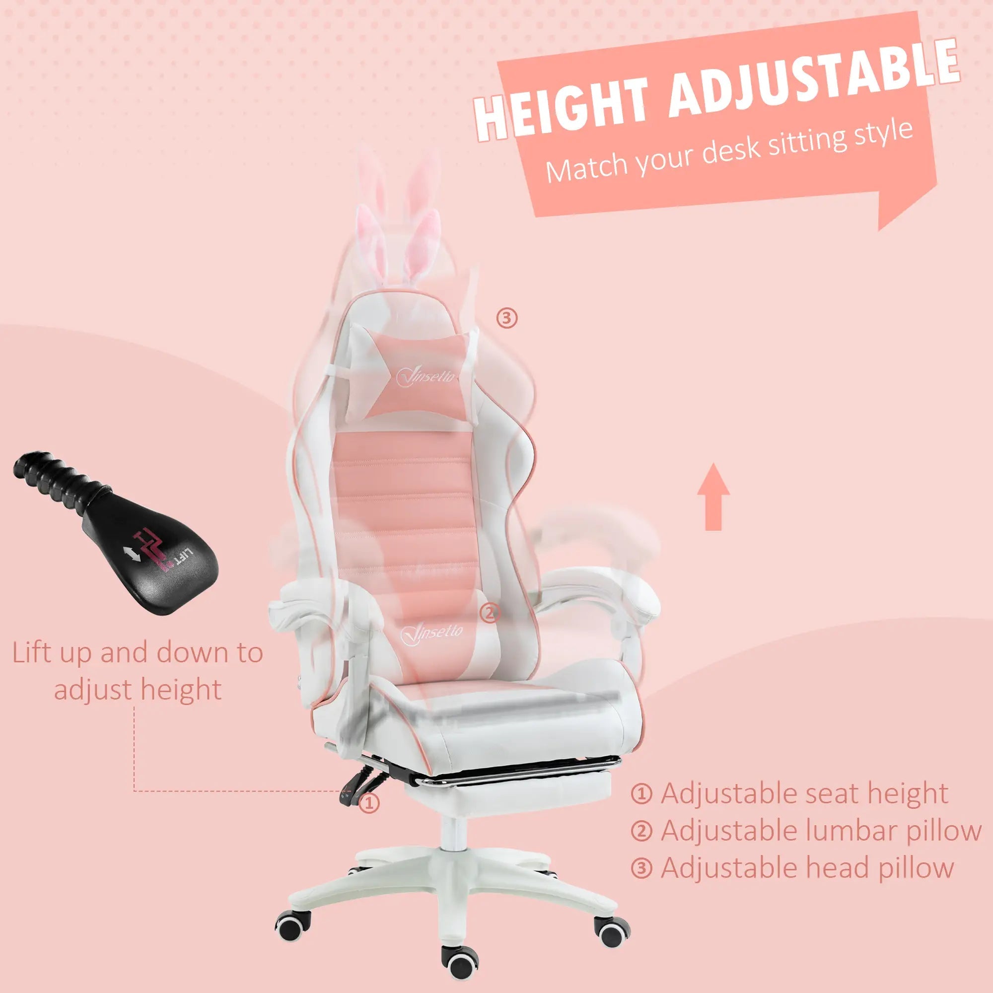 Racing Gaming Chair, Reclining PU Leather Computer Chair with Removable Rabbit Ears, Footrest, Headrest and Lumber Support, Pink Bargain Clearance Centre