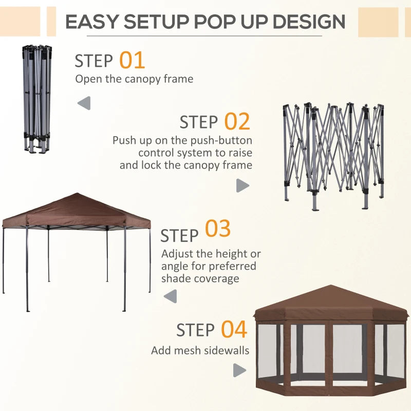3.5m x 4m Hexagonal Pop Up Gazebo, Canopy Tent Sun Shelter for Patio Outdoor Party, Height Adjustable, with Mosquito Netting and Carry Bag - Brown