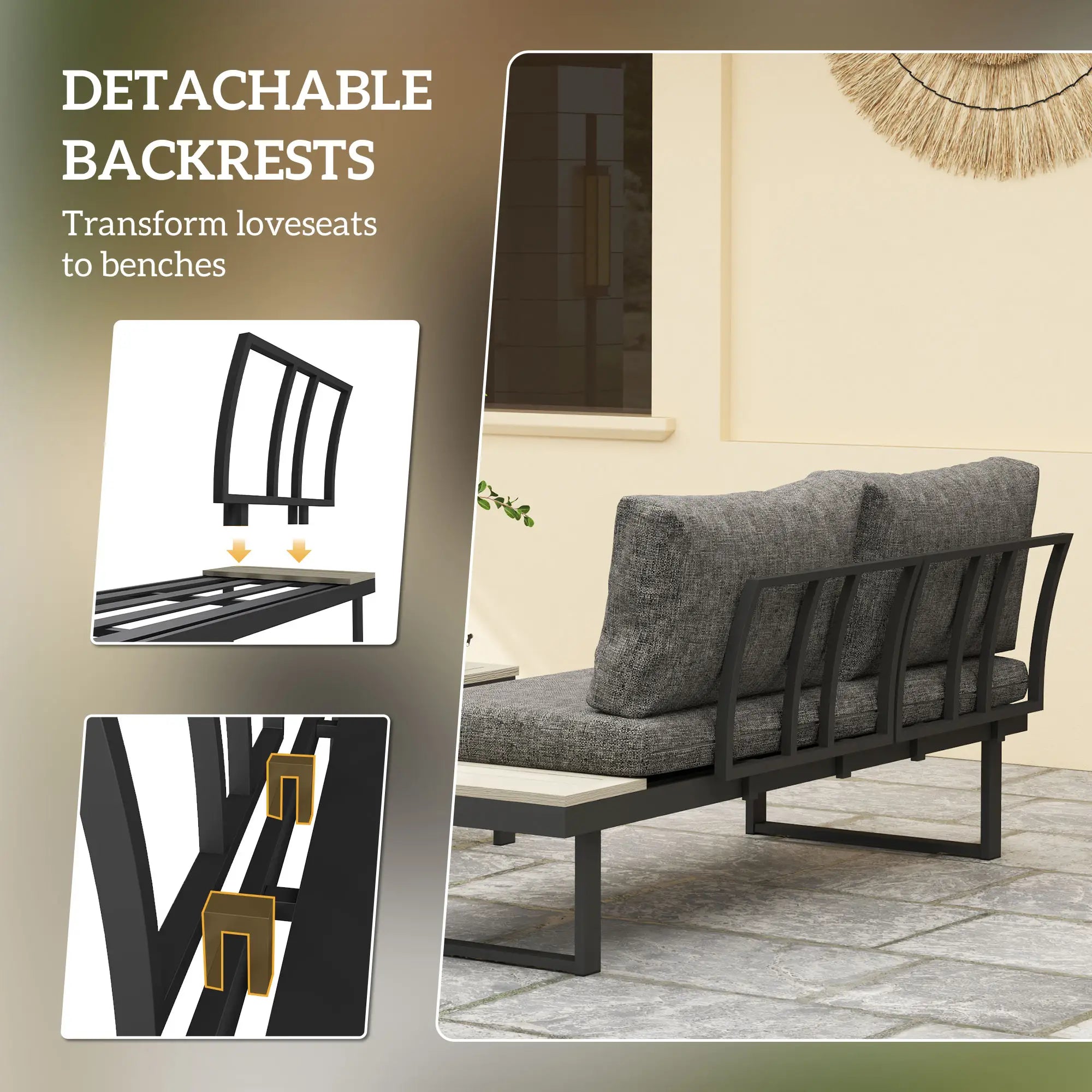 4 Seater L Shaped Aluminium Sectional Garden Furniture Set with 2 Loveseats and Wood-Plastic Coffee Table - Dark Grey