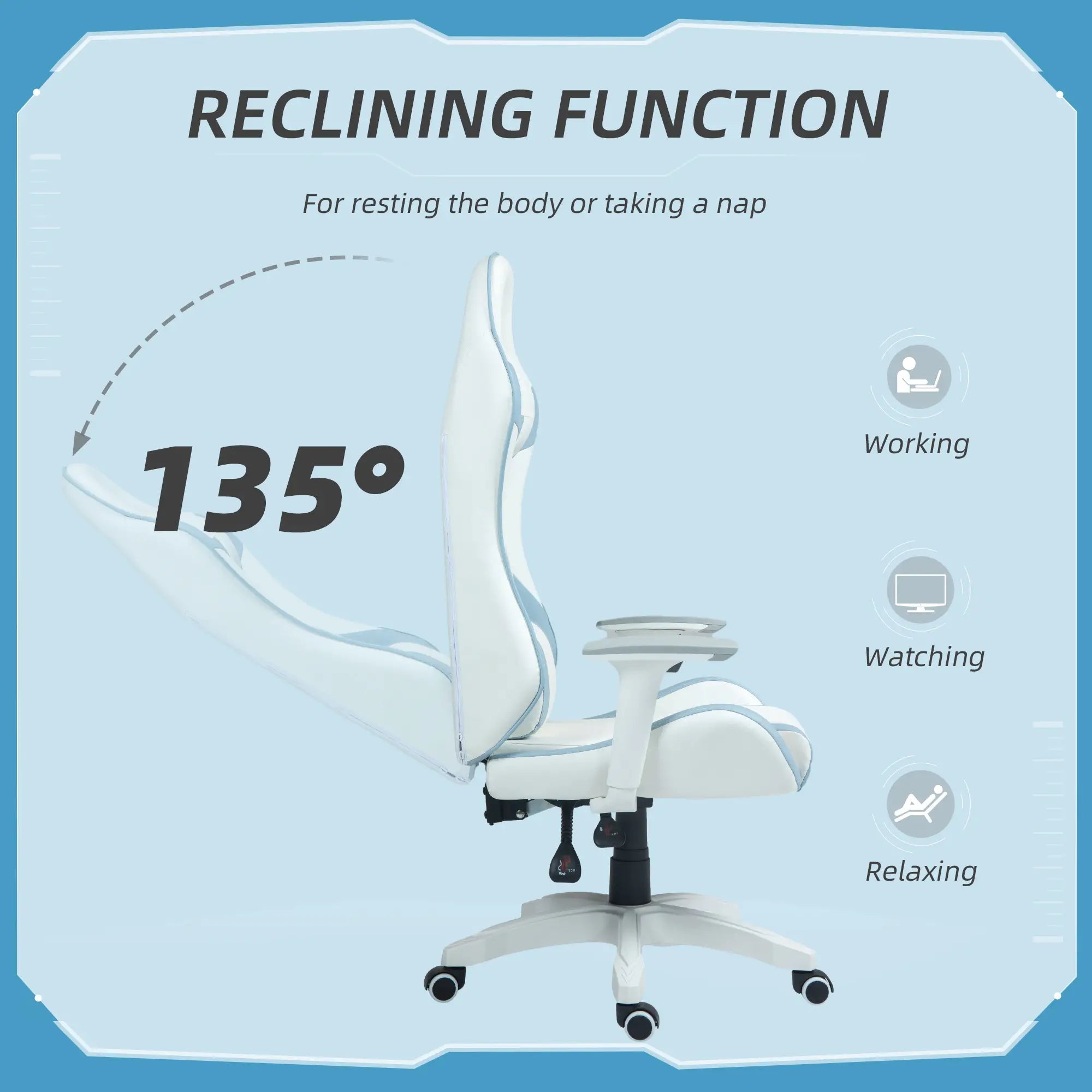Faux Leather Colour Block Gaming Chair, with 135° Reclining Back - Blue/White Bargain Clearance Centre