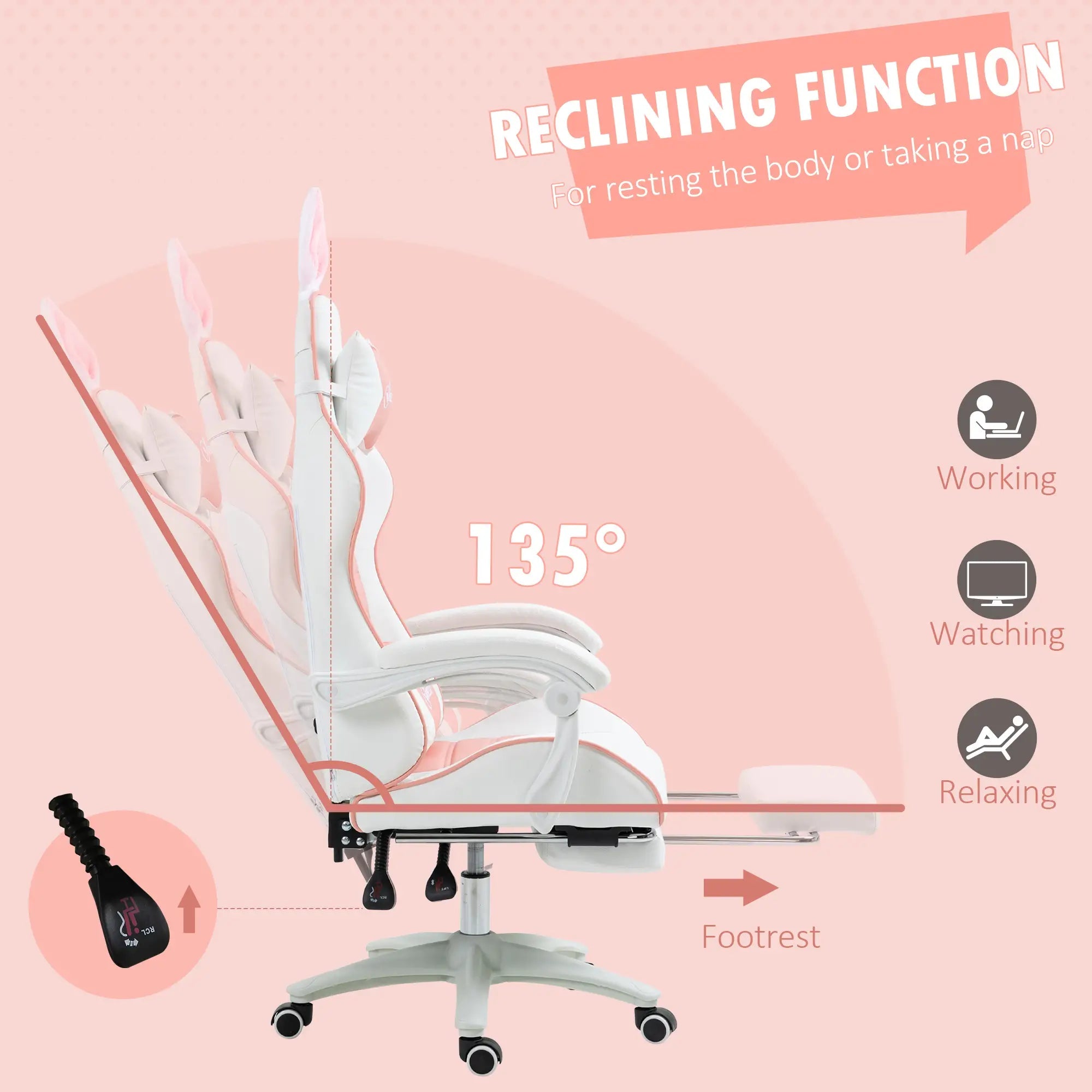 Racing Gaming Chair, Reclining PU Leather Computer Chair with Removable Rabbit Ears, Footrest, Headrest and Lumber Support, Pink Bargain Clearance Centre