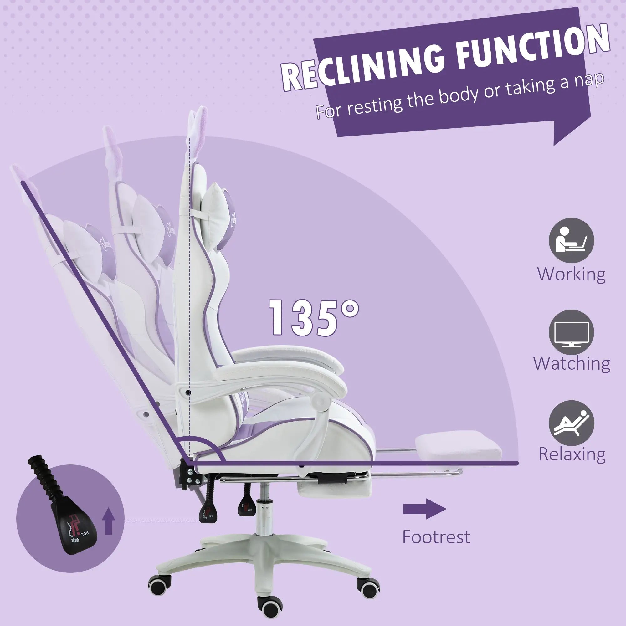 Racing Gaming Chair, Reclining PU Leather Computer Chair with Removable Rabbit Ears, Footrest, Headrest and Lumber Support, Purple Bargain Clearance Centre