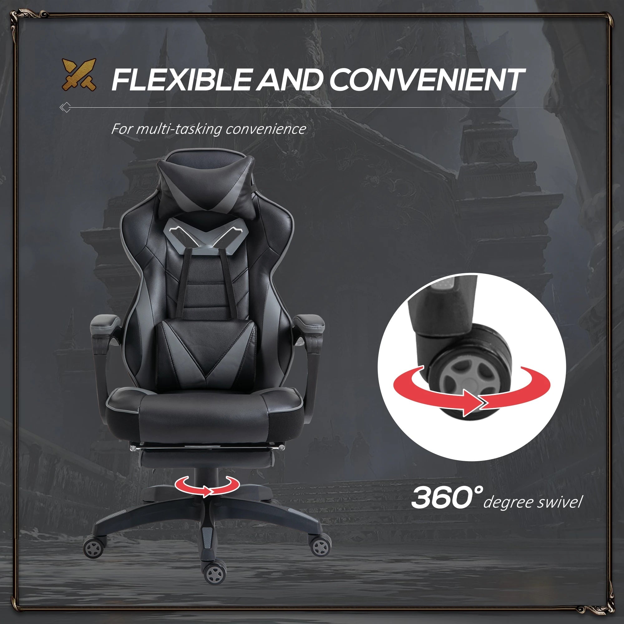 Computer Gaming Chair, Racing Desk Chair with Lumbar Support and Footrest, PU Leather Gamer Chair with Headrest and Swivel Wheels for Home, Grey Bargain Clearance Centre