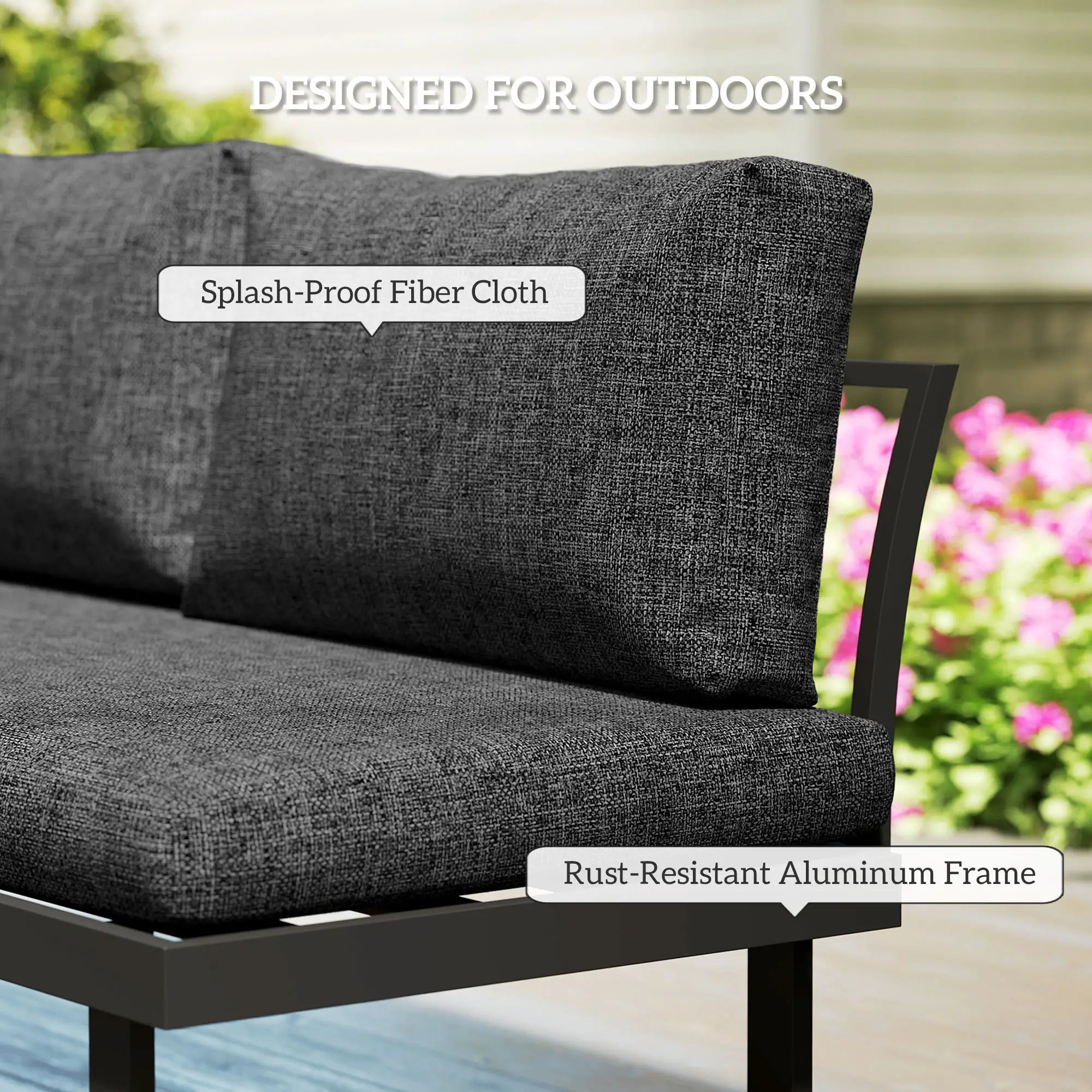 4 Seater L Shaped Aluminium Sectional Garden Furniture Set with 2 Loveseats and Wood-Plastic Coffee Table - Dark Grey