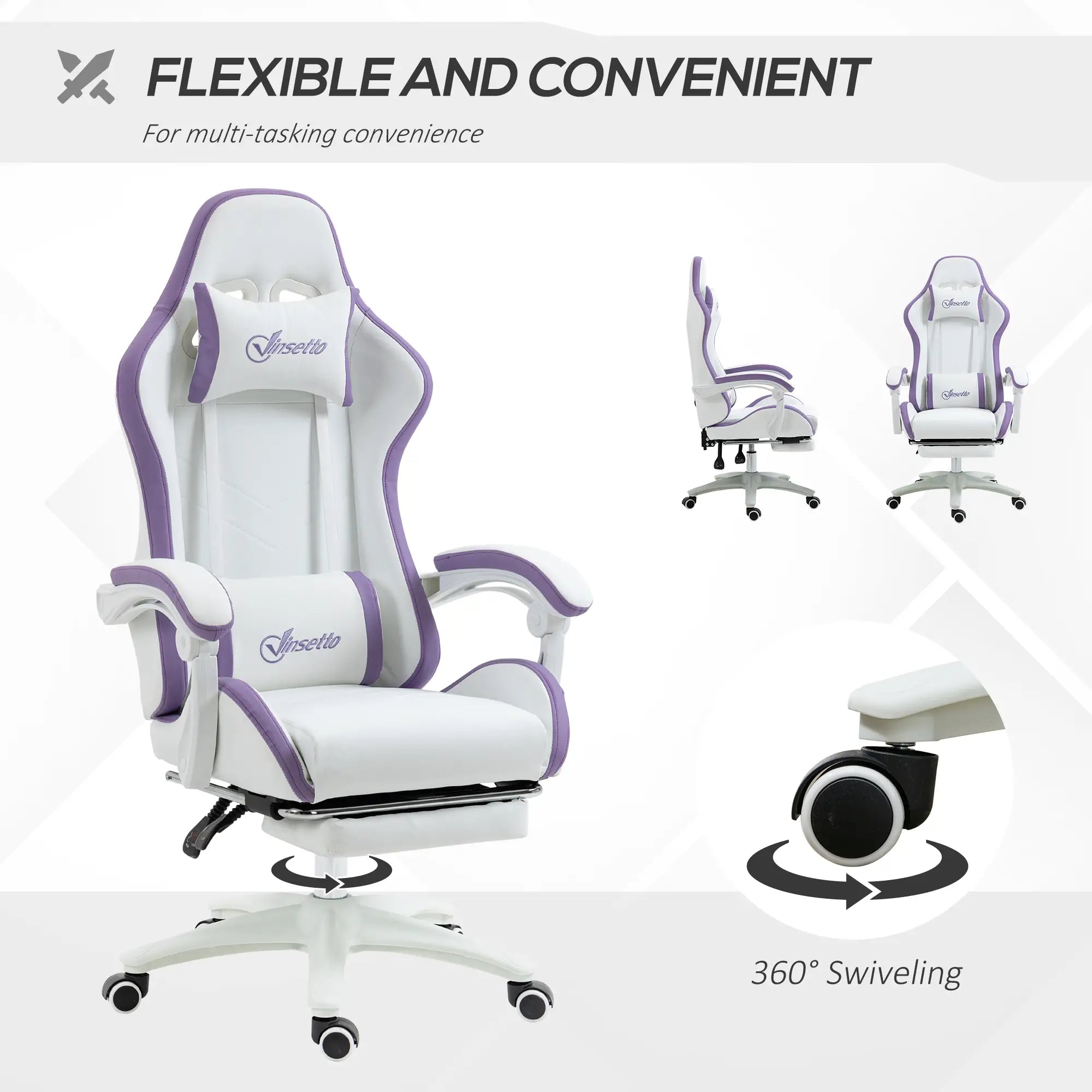Computer Gaming Chair, PU Leather Desk Chair with Footrest, Swivel Task Chair with 135° Reclining Back and Lumbar Support, PC Chair for Adults, White and Purple Bargain Clearance Centre