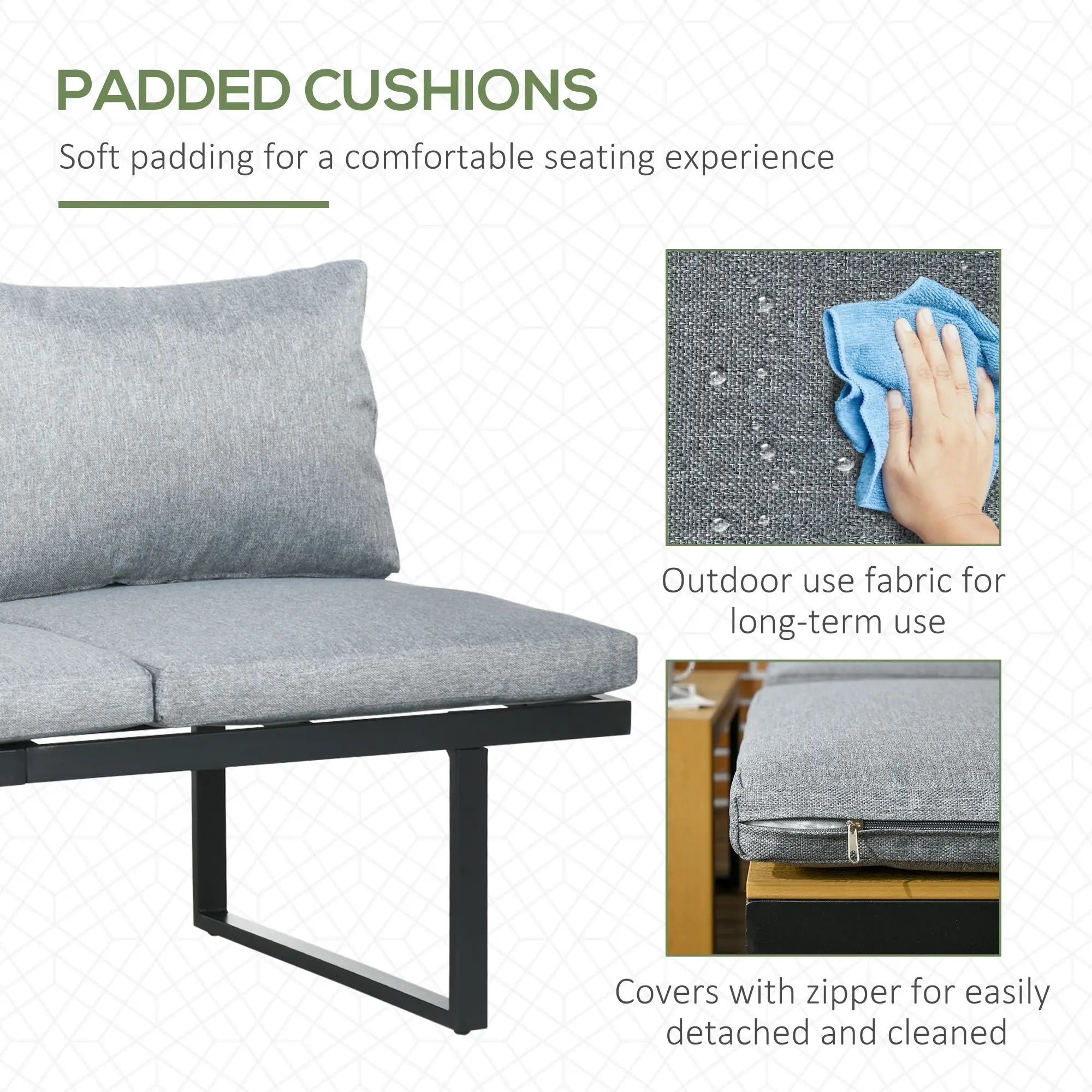 3 Pieces Patio Furniture Set, Outdoor Garden Sofa Conversation Set w/ Padded Cushions, Wood Grain Plastic Top Table and Side Panel, Dark Grey