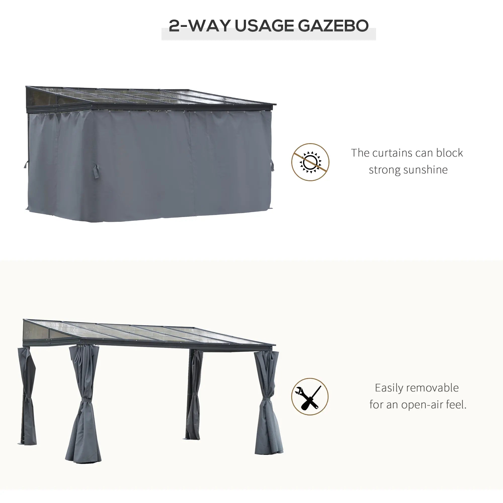 4 x 3(m) Outdoor Hardtop Gazebo with Curtains, Lean to Aluminium Pergola with Polycarbonate Roof, Garden Pavilion Sun Shade Shelter, Grey