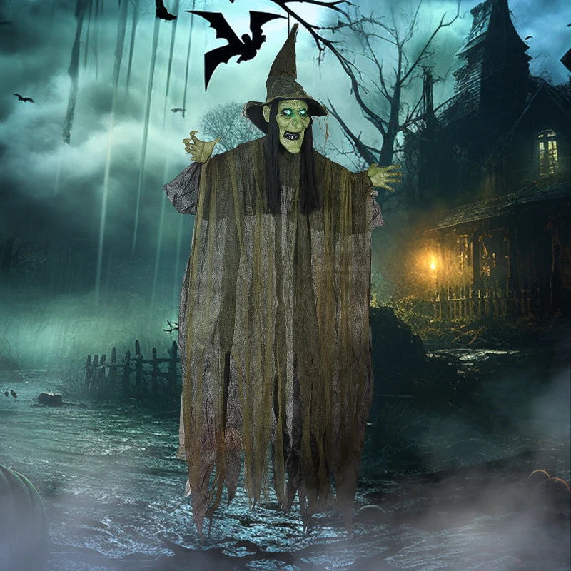 170 cm Life Size Hanging Halloween Animated Witch with Glowing LED Eyes, Spooky Witch Scary Halloween Decorations, Battery Operated, Indoor Party Props