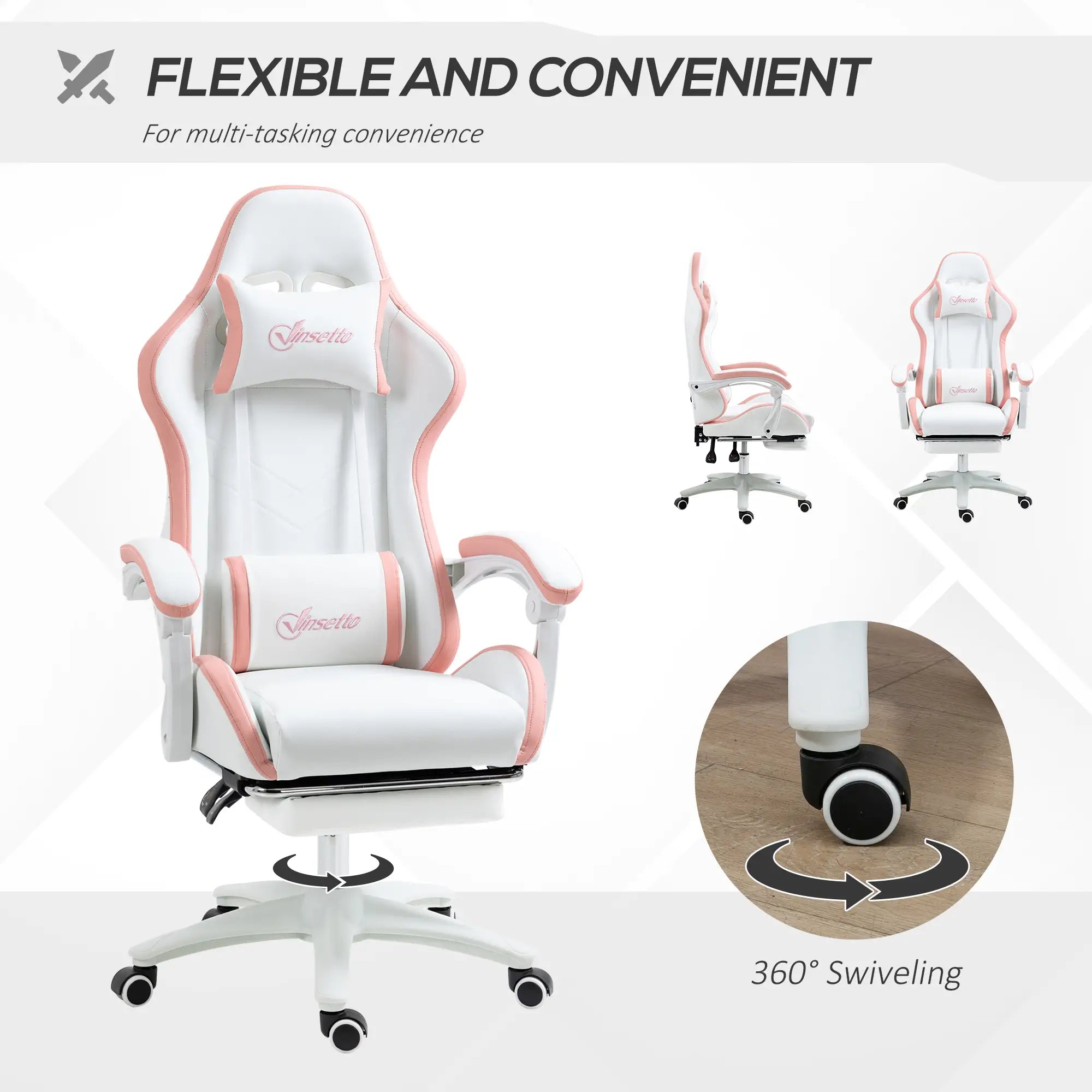 Computer Gaming Chair, PU Leather Desk Chair with Footrest, Swivel Task Chair with 135° Reclining Back and Lumbar Support, PC Chair for Adults, White and Pink Bargain Clearance Centre