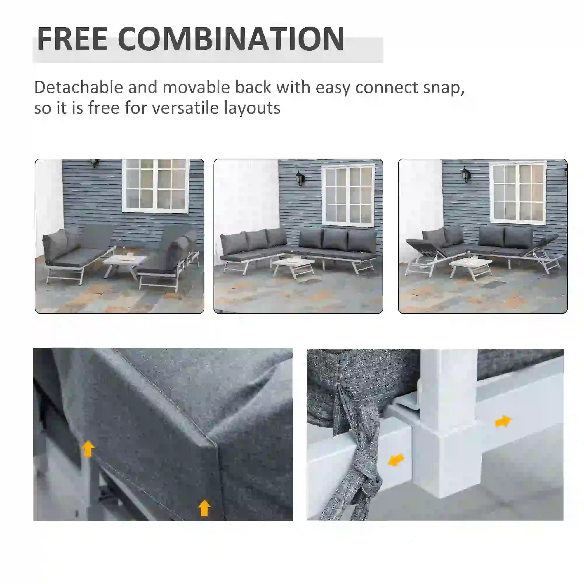 3 Pieces Garden Furniture Sets, 6 Seater Corner Sofa Set with Adjustable Backrest Chase Lounge with Slatted Metal Top Table, Padded Cushion, Grey