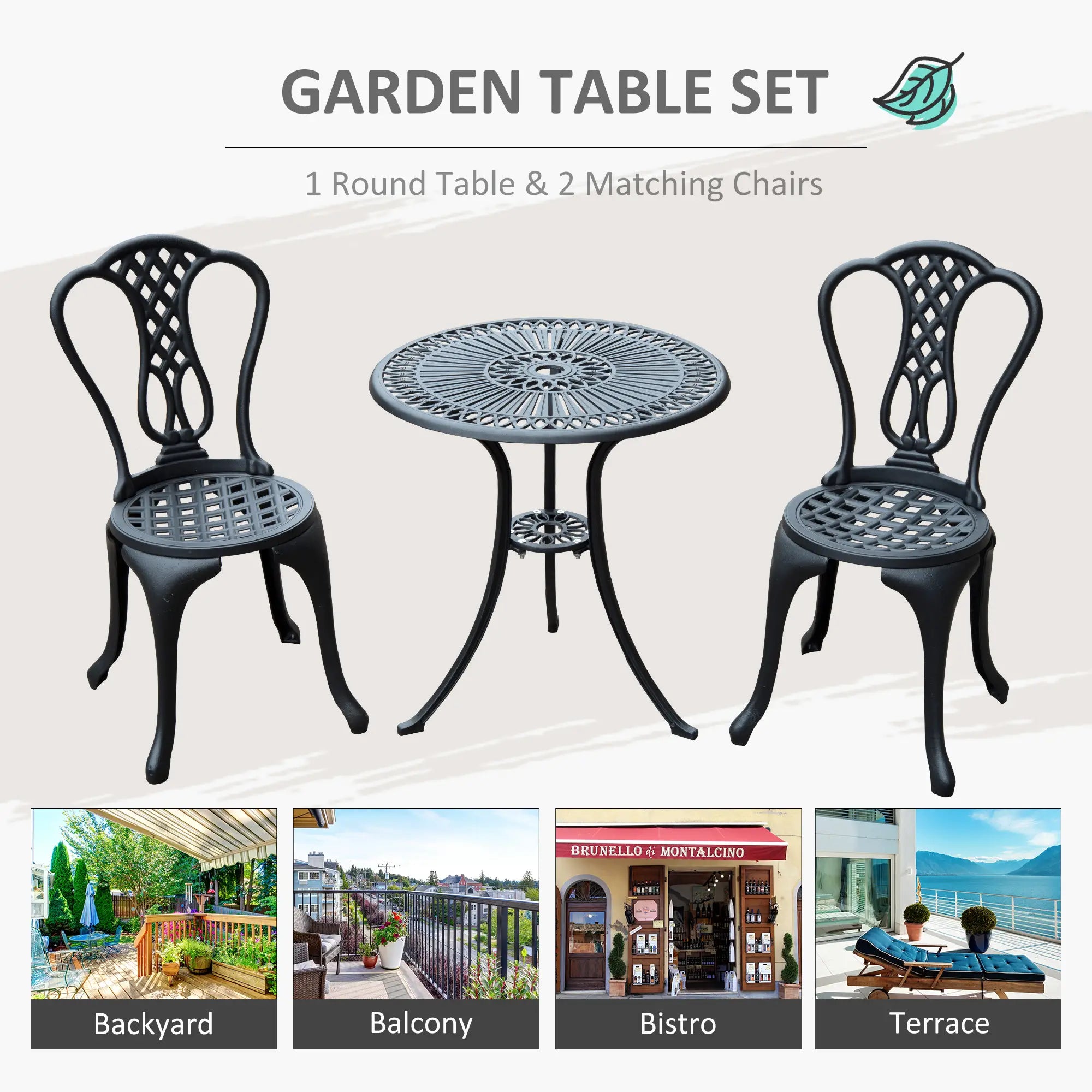 3 Piece Patio Cast Aluminium Bistro Set Garden Outdoor Furniture Table and Chairs Shabby Chic Style