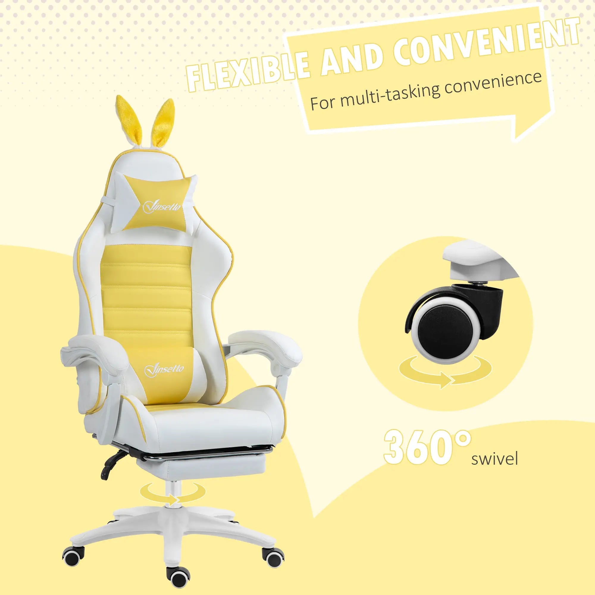 Racing Gaming Chair, Reclining PU Leather Computer Chair with Removable Rabbit Ears, Footrest, Headrest and Lumber Support, Yellow Bargain Clearance Centre