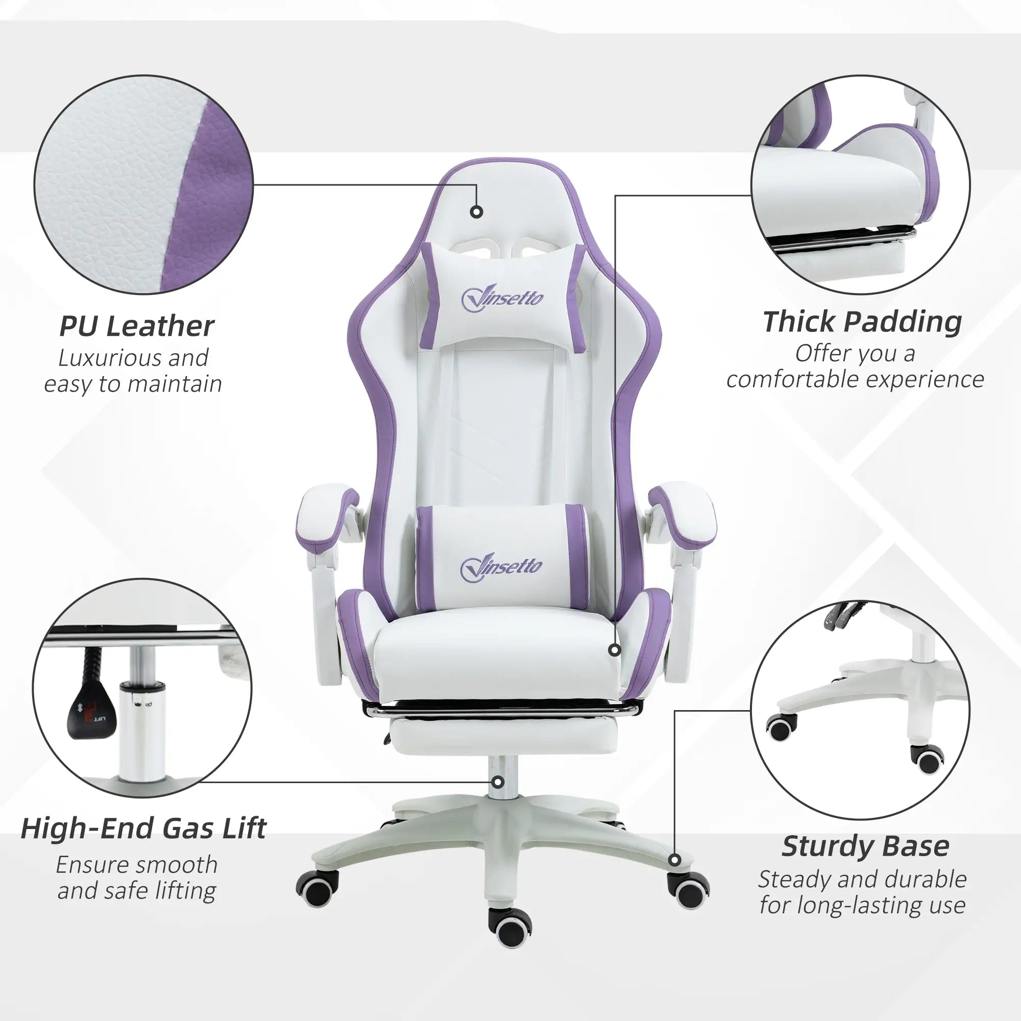 Computer Gaming Chair, PU Leather Desk Chair with Footrest, Swivel Task Chair with 135° Reclining Back and Lumbar Support, PC Chair for Adults, White and Purple Bargain Clearance Centre