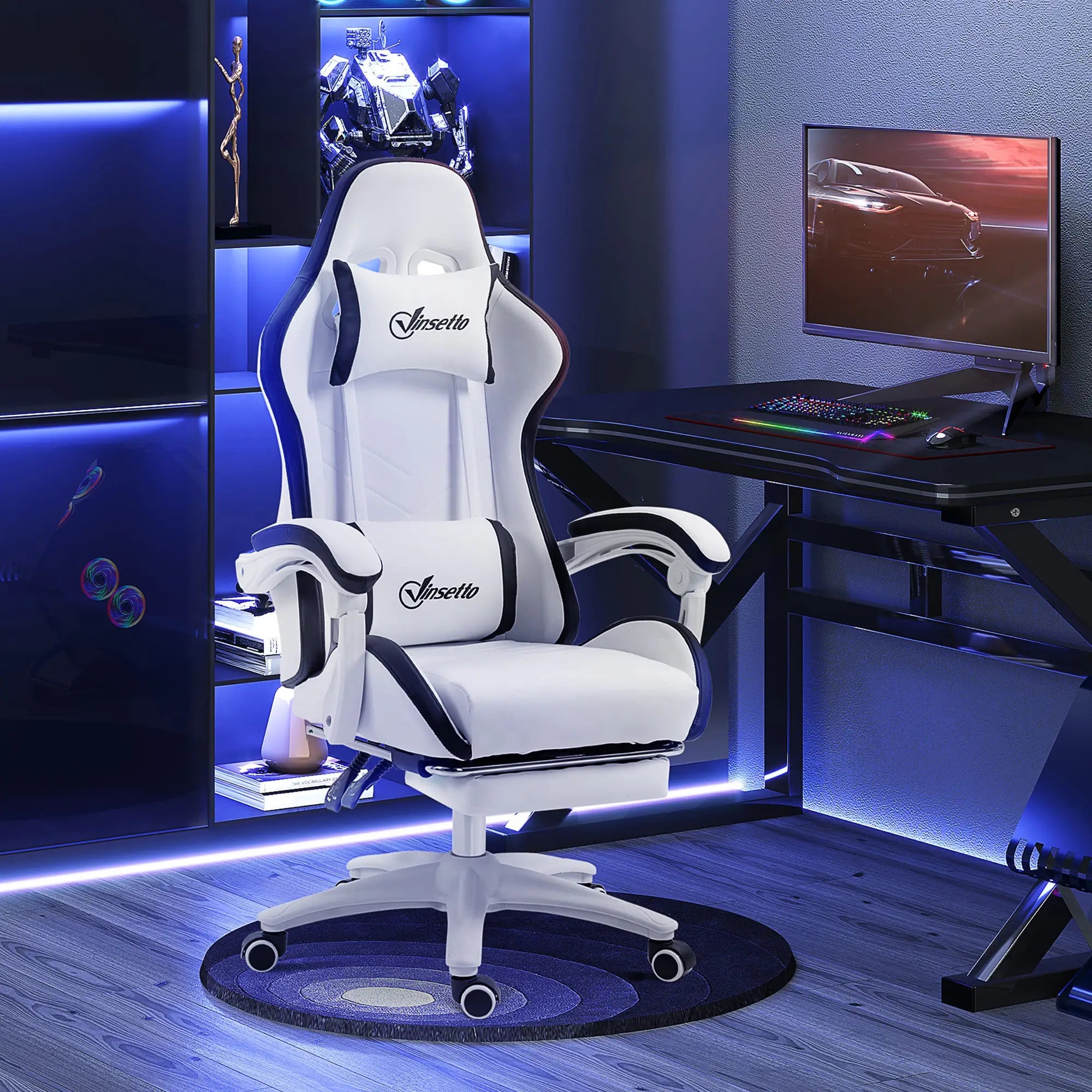 Computer Gaming Chair, PU Leather Desk Chair with Footrest, Swivel Task Chair with 135° Reclining Back and Lumbar Support, PC Chair for Adults, White and Black Bargain Clearance Centre