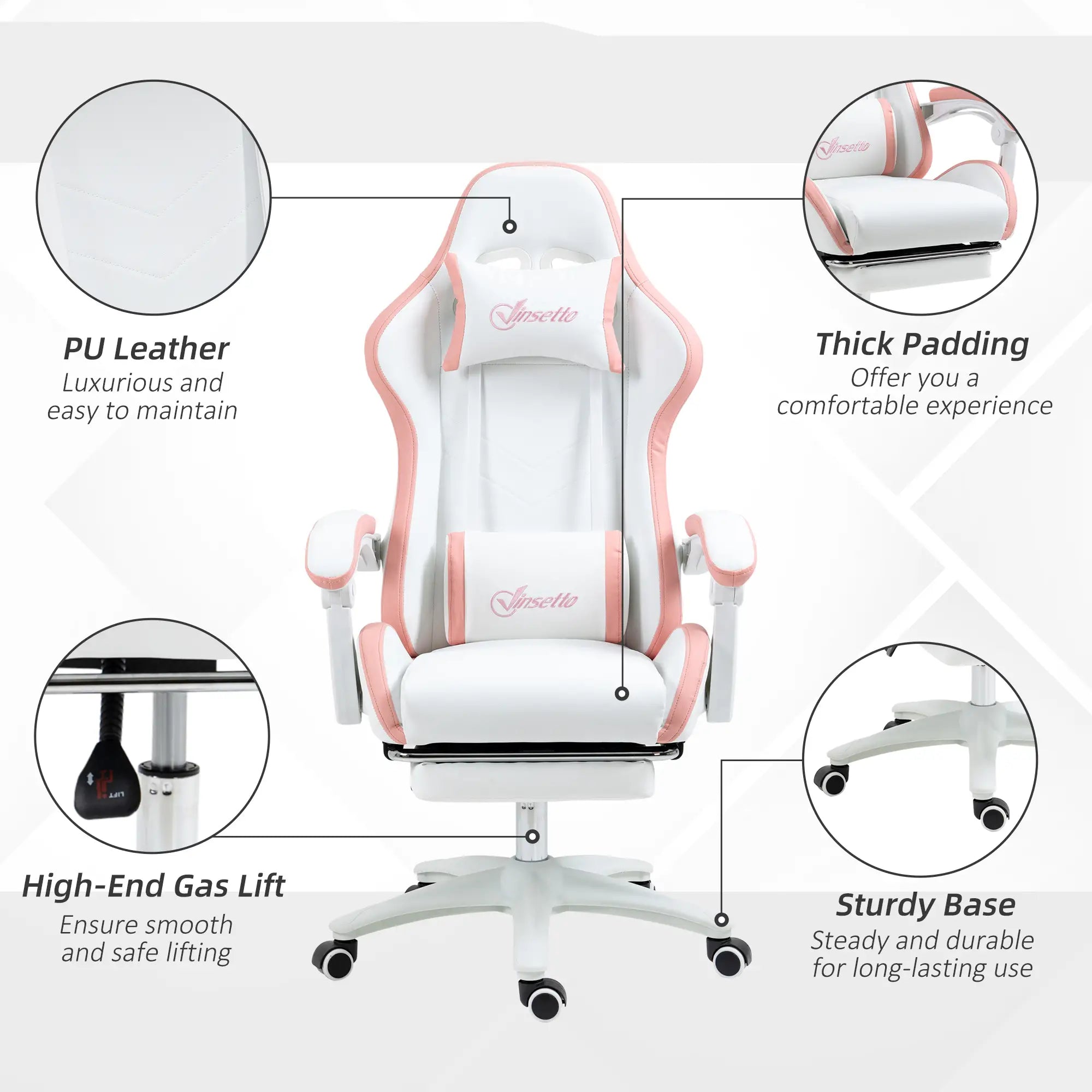Computer Gaming Chair, PU Leather Desk Chair with Footrest, Swivel Task Chair with 135° Reclining Back and Lumbar Support, PC Chair for Adults, White and Pink Bargain Clearance Centre