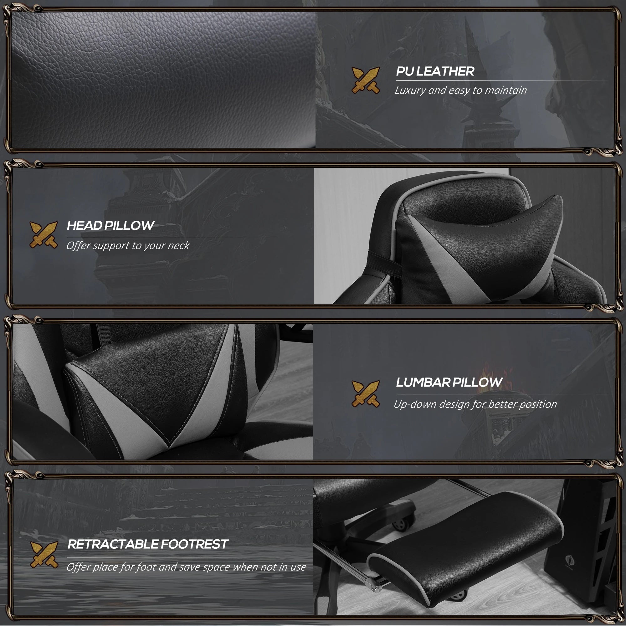 Computer Gaming Chair, Racing Desk Chair with Lumbar Support and Footrest, PU Leather Gamer Chair with Headrest and Swivel Wheels for Home, Grey Bargain Clearance Centre