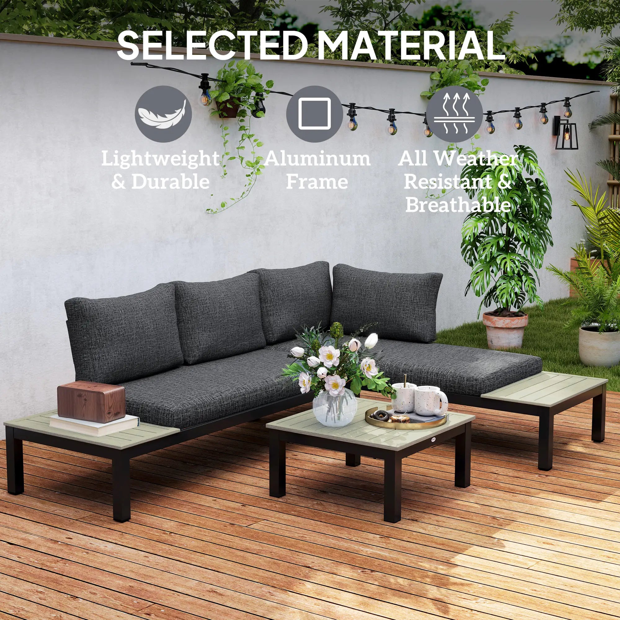 3 Pieces Garden Furniture Set, Aluminium 4 Seater Corner Sofa Set with 2 Loveseats, Coffee Table and Side Trays, Outdoor Conversation Furniture with Cushions for Garden, Dark Grey