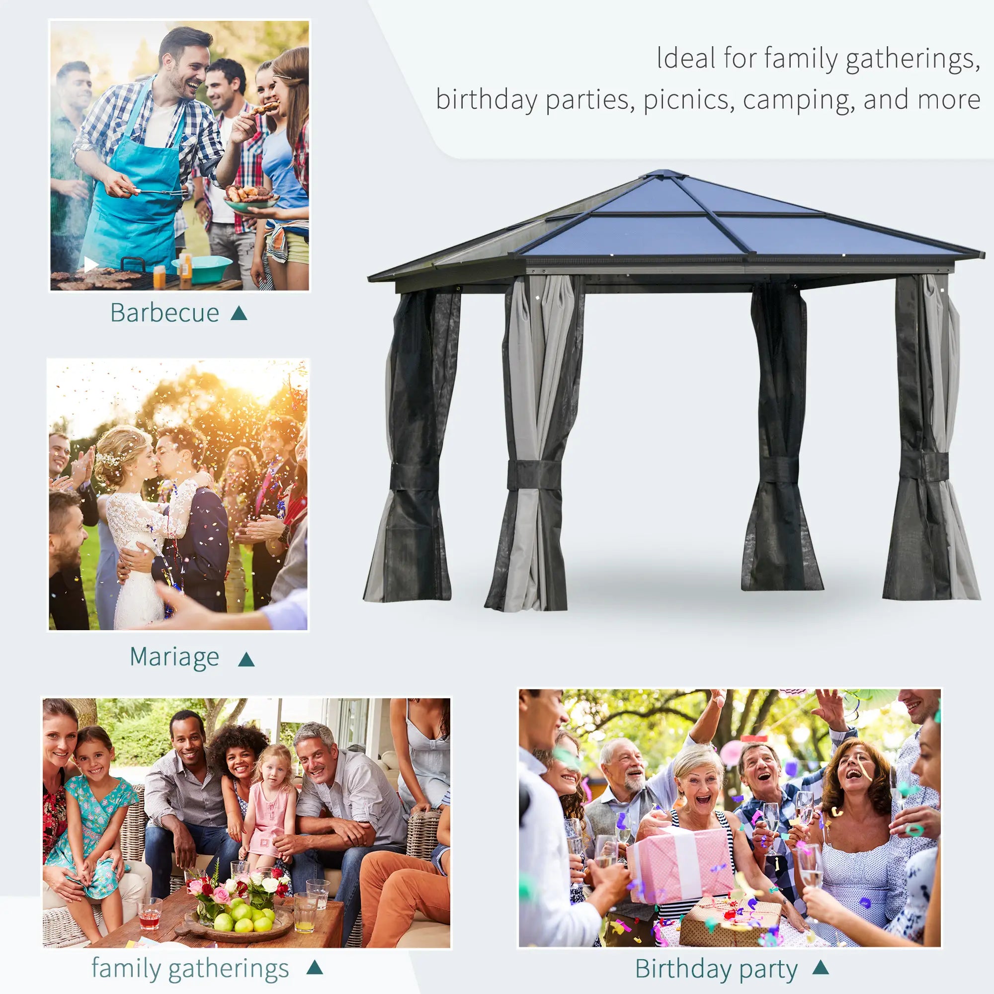 3 x 3(m) Hardtop Gazebo Canopy with Polycarbonate Roof, Aluminium Frame, Permanent Pavilion Garden Gazebo with Netting and Curtains for Patio, Deck, Dark Grey