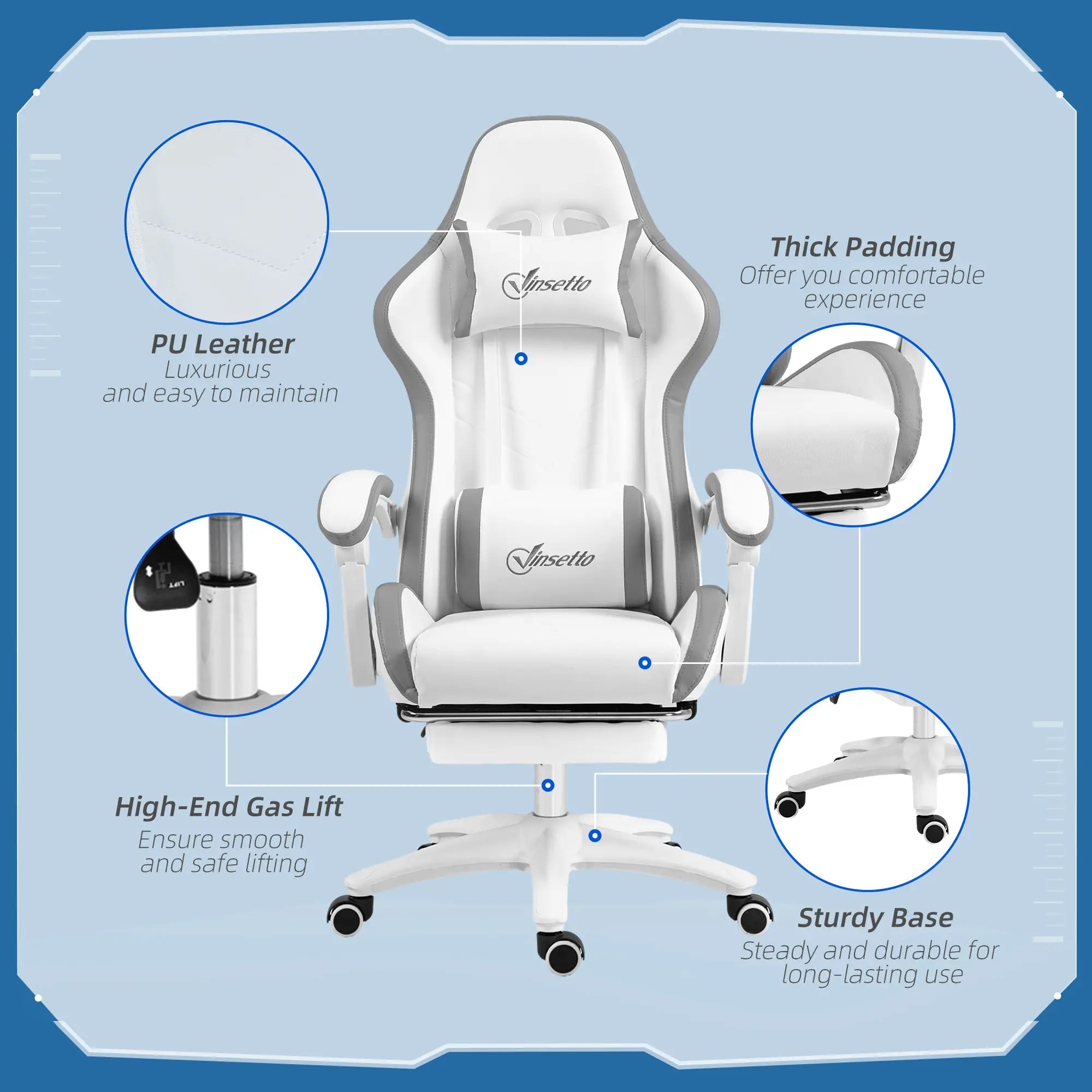 Computer Gaming Chair, PU Leather Desk Chair with Footrest, Swivel Task Chair with 135° Reclining Back and Lumbar Support, PC Chair for Adults, White and Grey Bargain Clearance Centre
