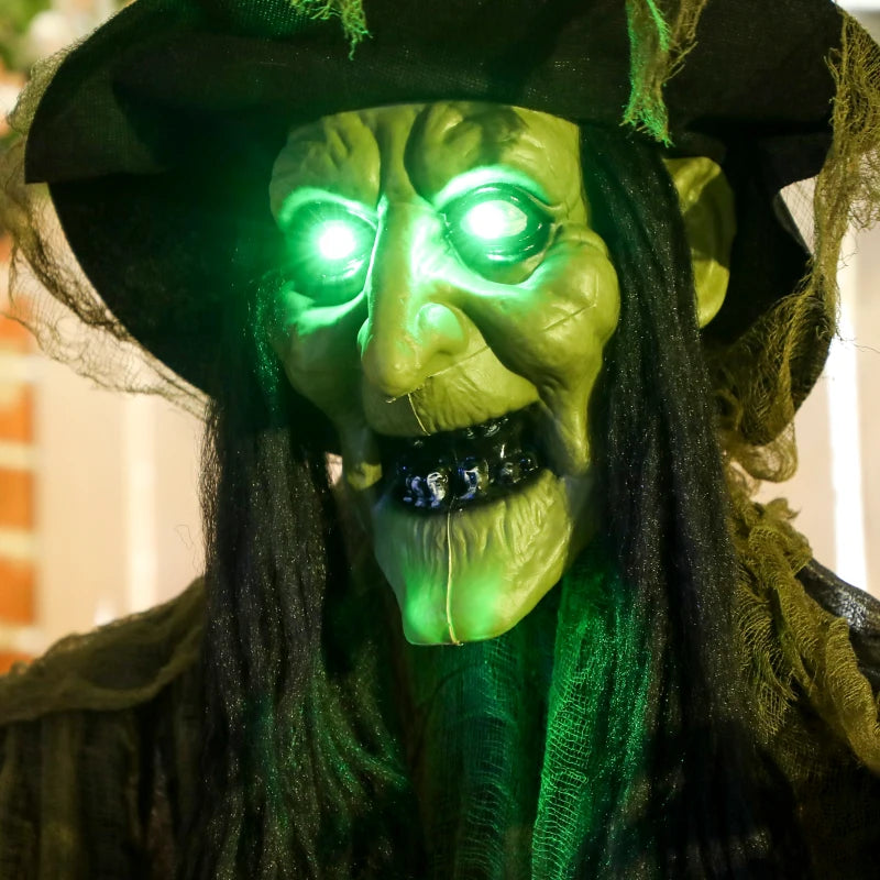 170 cm Life Size Hanging Halloween Animated Witch with Glowing LED Eyes, Spooky Witch Scary Halloween Decorations, Battery Operated, Indoor Party Props