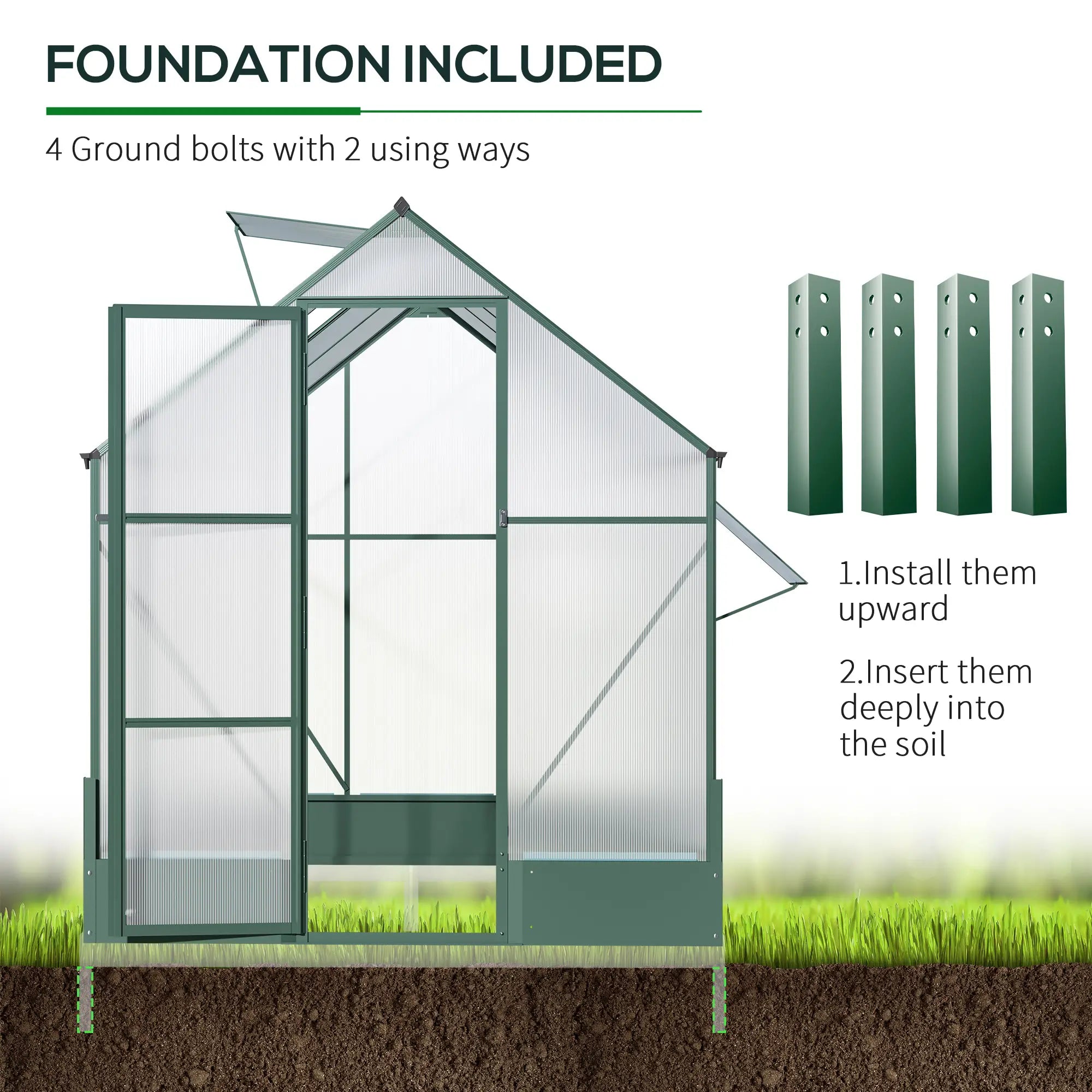 6x6 FT Polycarbonate Greenhouse with Base and Raised Bed, Walk-in Greenhouse with Aluminium Frame, Temperature Controlled Window, Foundation for Plants, Flowers, Vegetable