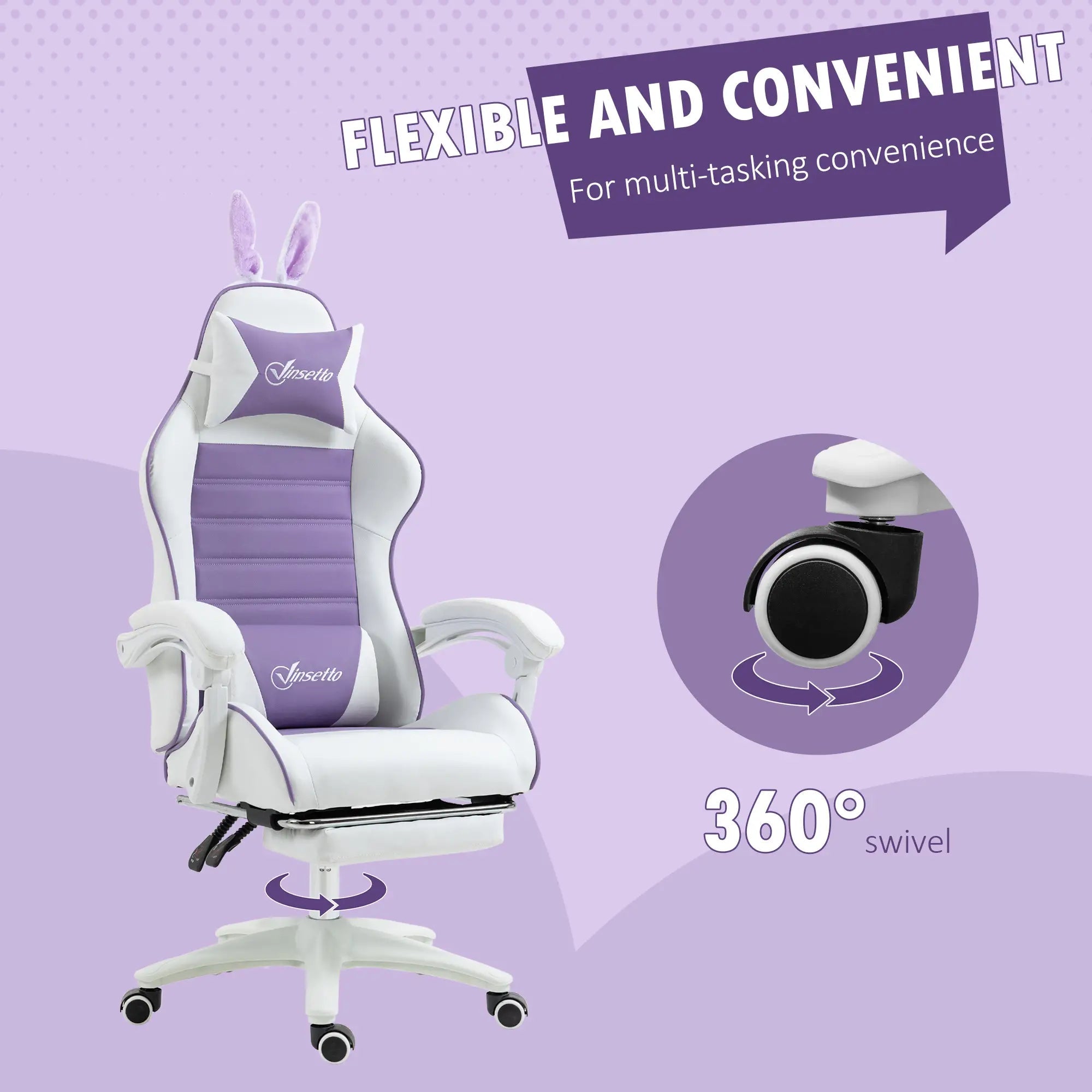 Racing Gaming Chair, Reclining PU Leather Computer Chair with Removable Rabbit Ears, Footrest, Headrest and Lumber Support, Purple Bargain Clearance Centre