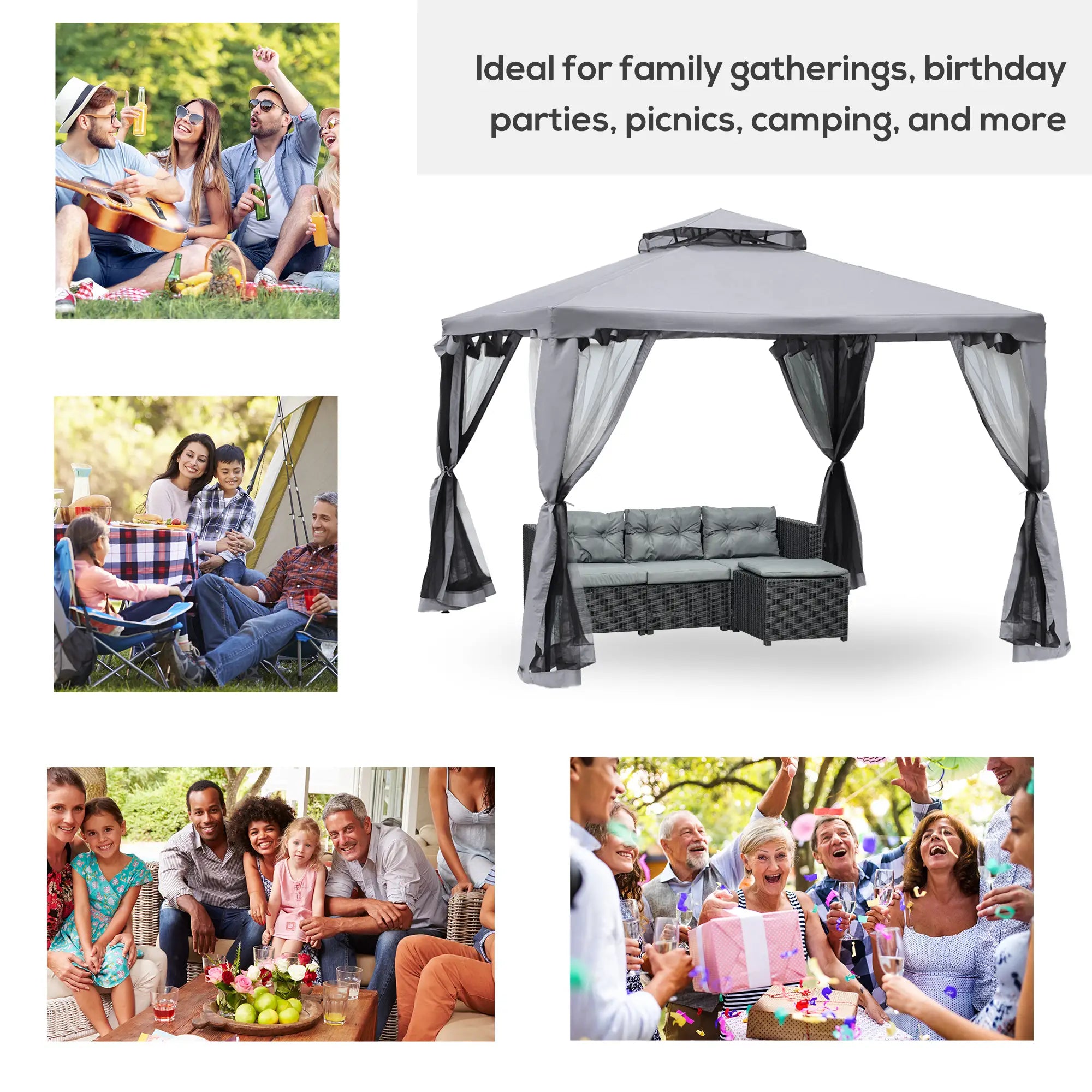 3 x 3 m Metal Gazebo, Garden Pavillion, Double Roof Outdoor Canopy Shelter with Mesh Sidewalls, Grey