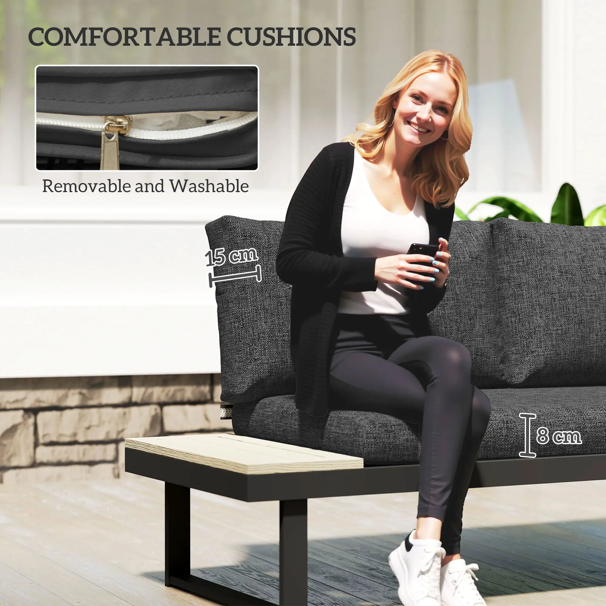 4 Seater L Shaped Aluminium Sectional Garden Furniture Set with 2 Loveseats and Wood-Plastic Coffee Table - Dark Grey
