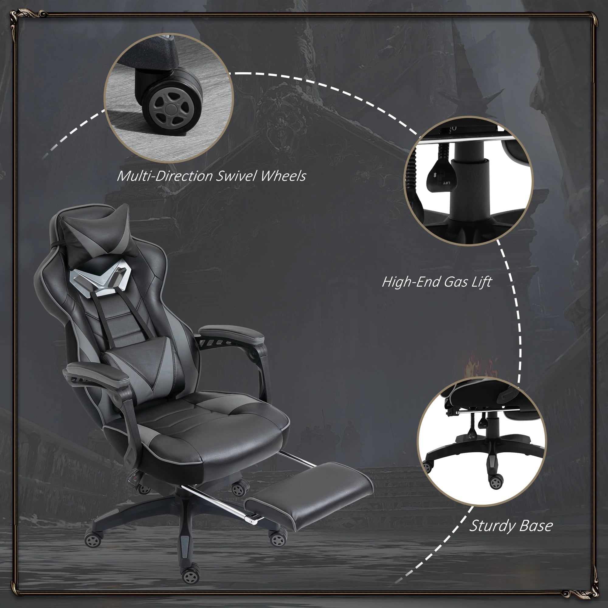 Computer Gaming Chair, Racing Desk Chair with Lumbar Support and Footrest, PU Leather Gamer Chair with Headrest and Swivel Wheels for Home, Grey Bargain Clearance Centre