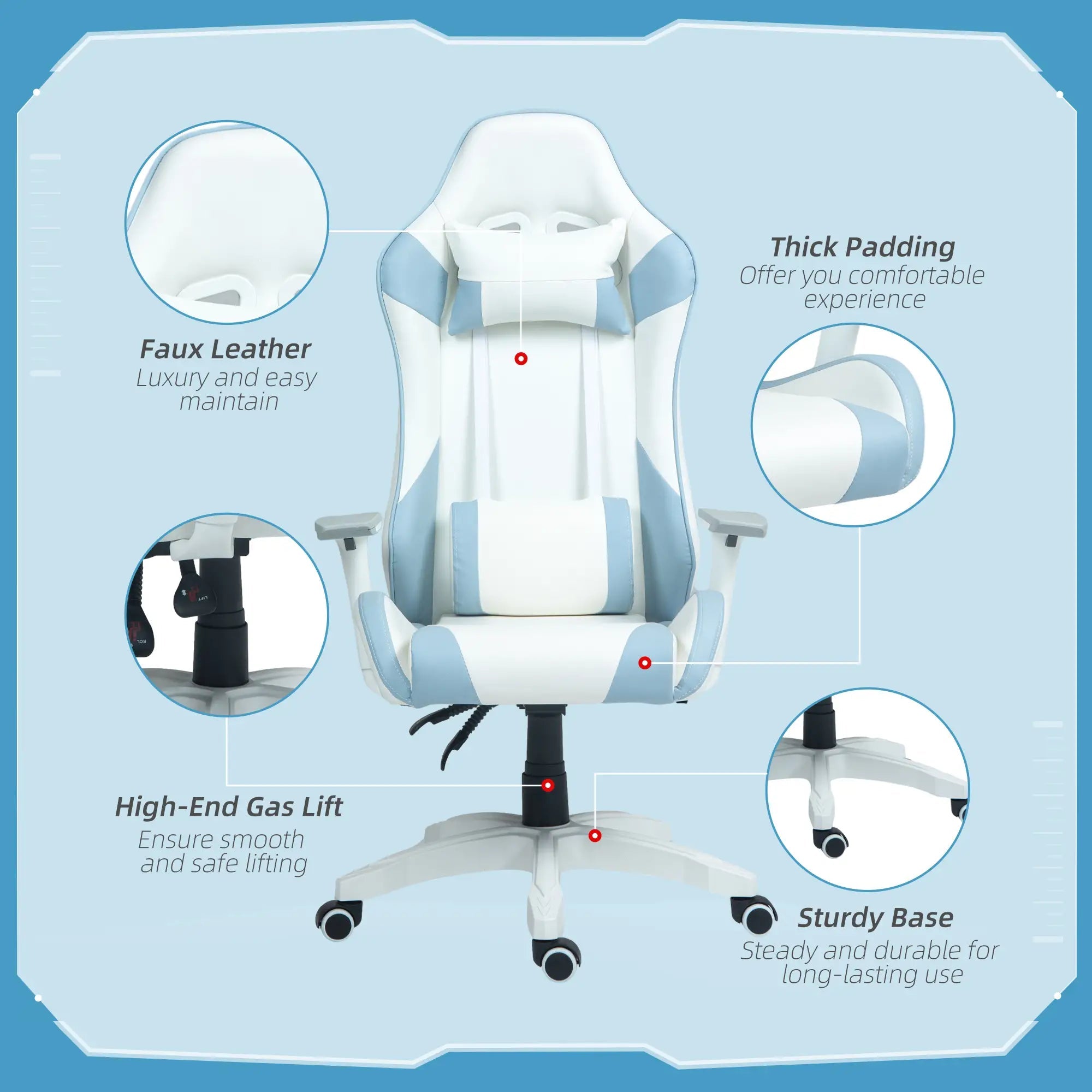 Faux Leather Colour Block Gaming Chair, with 135° Reclining Back - Blue/White Bargain Clearance Centre