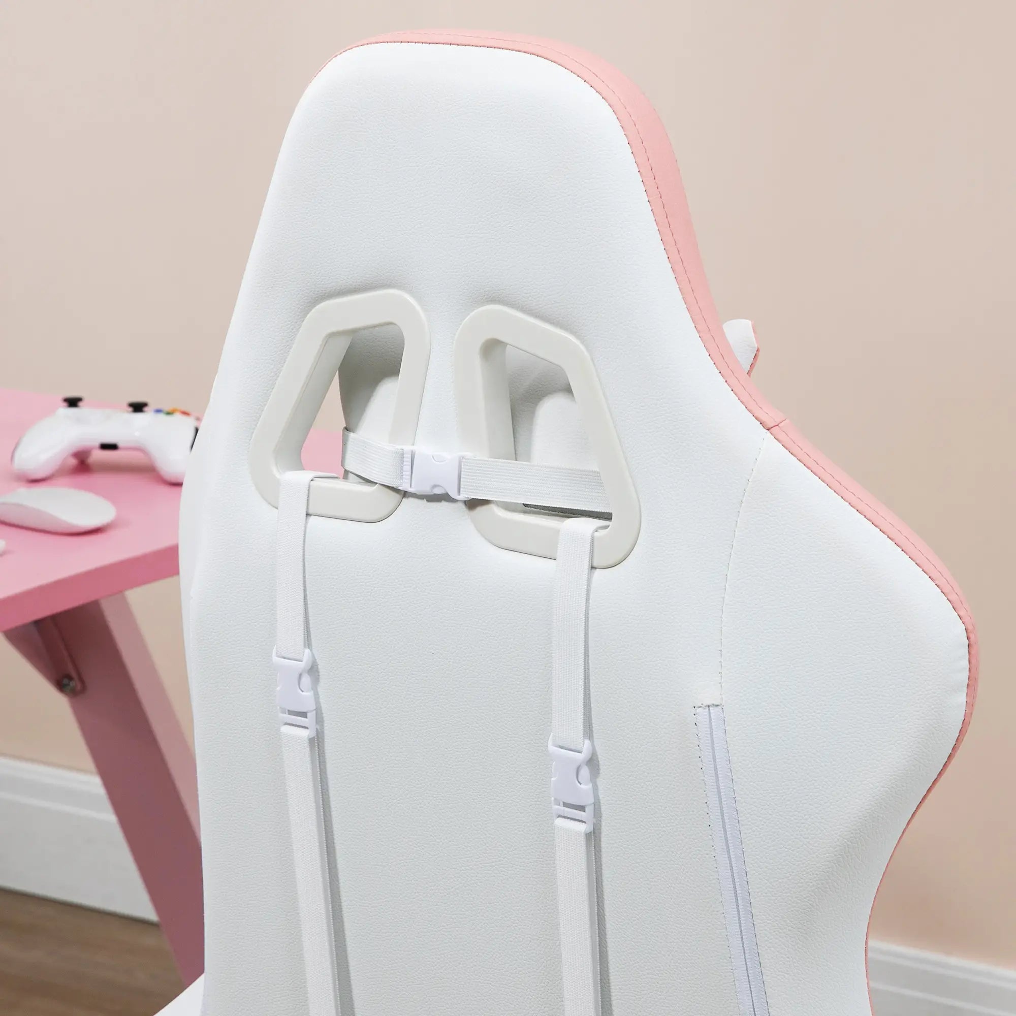 Computer Gaming Chair, PU Leather Desk Chair with Footrest, Swivel Task Chair with 135° Reclining Back and Lumbar Support, PC Chair for Adults, White and Pink Bargain Clearance Centre