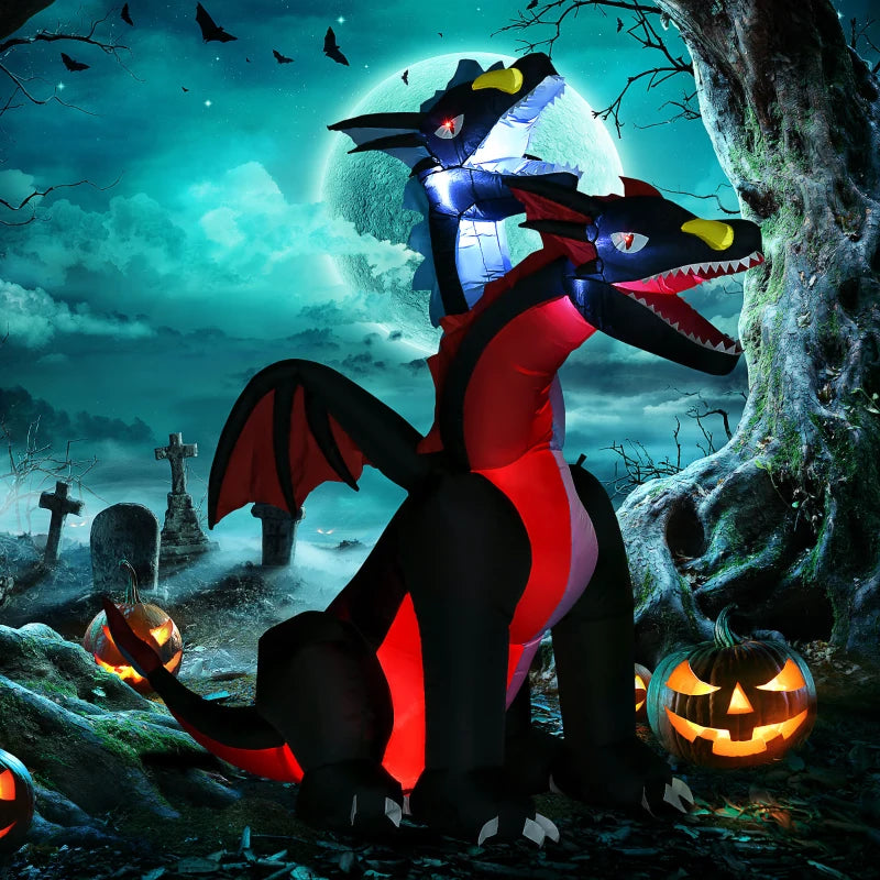 7FT Tall Halloween Inflatable Dragon with 2 Heads and LED Lights, Blow Up Halloween Party Decoration for Indoor Outdoor Yard Lawn Garden