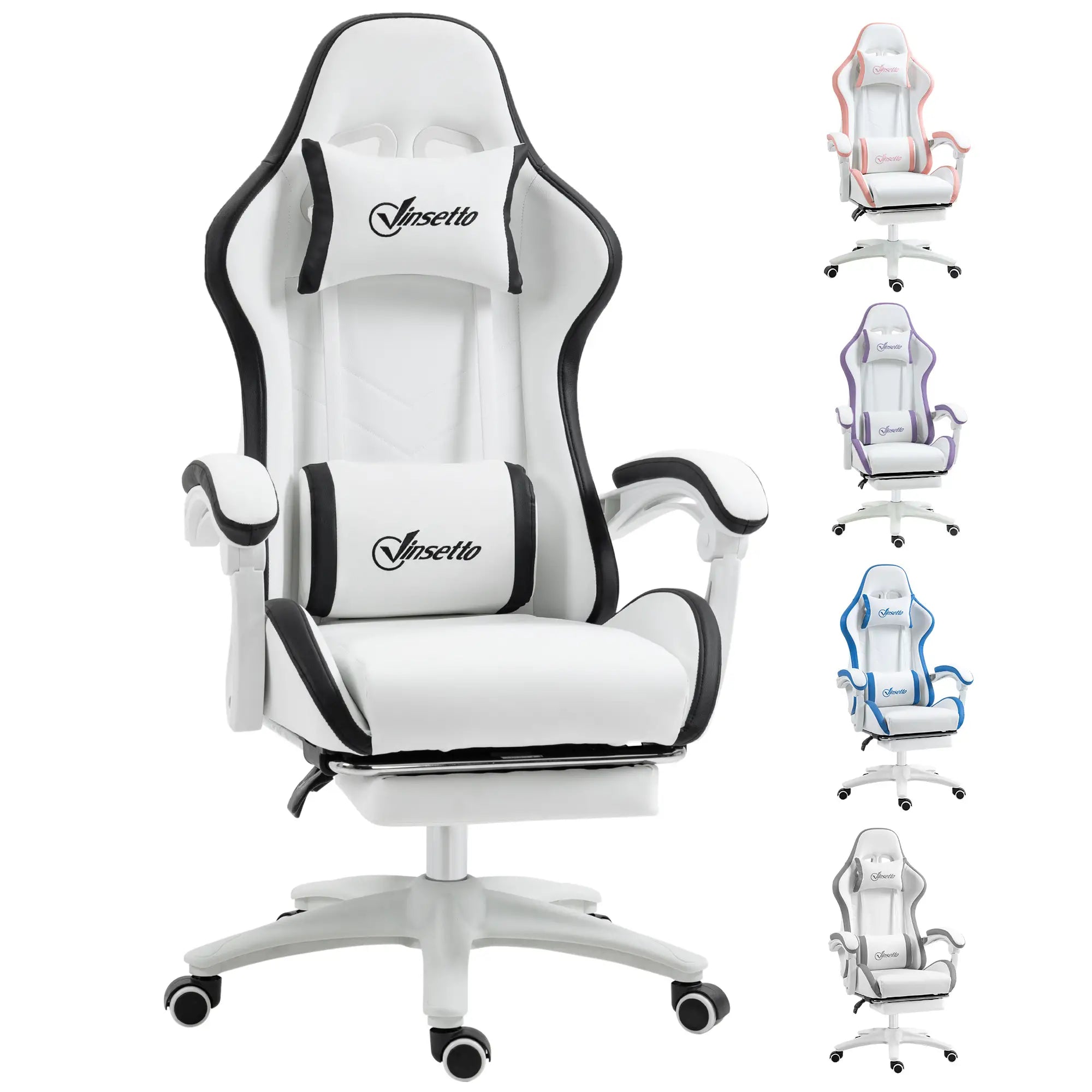 Computer Gaming Chair, PU Leather Desk Chair with Footrest, Swivel Task Chair with 135° Reclining Back and Lumbar Support, PC Chair for Adults, White and Black Bargain Clearance Centre