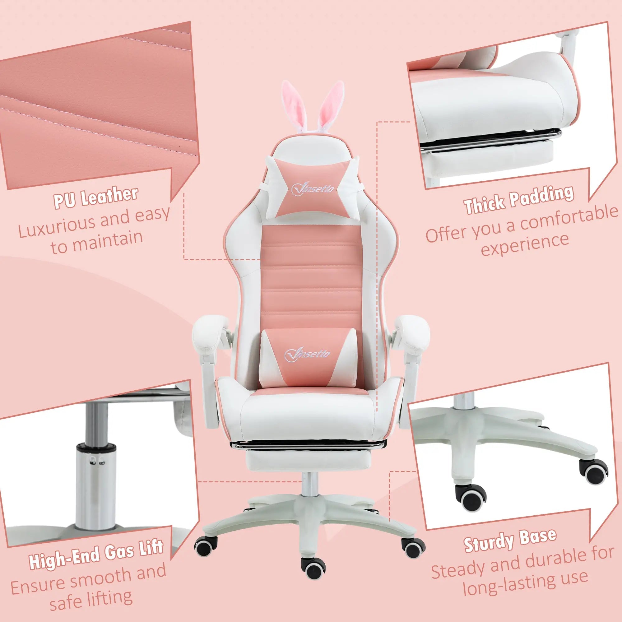 Racing Gaming Chair, Reclining PU Leather Computer Chair with Removable Rabbit Ears, Footrest, Headrest and Lumber Support, Pink Bargain Clearance Centre