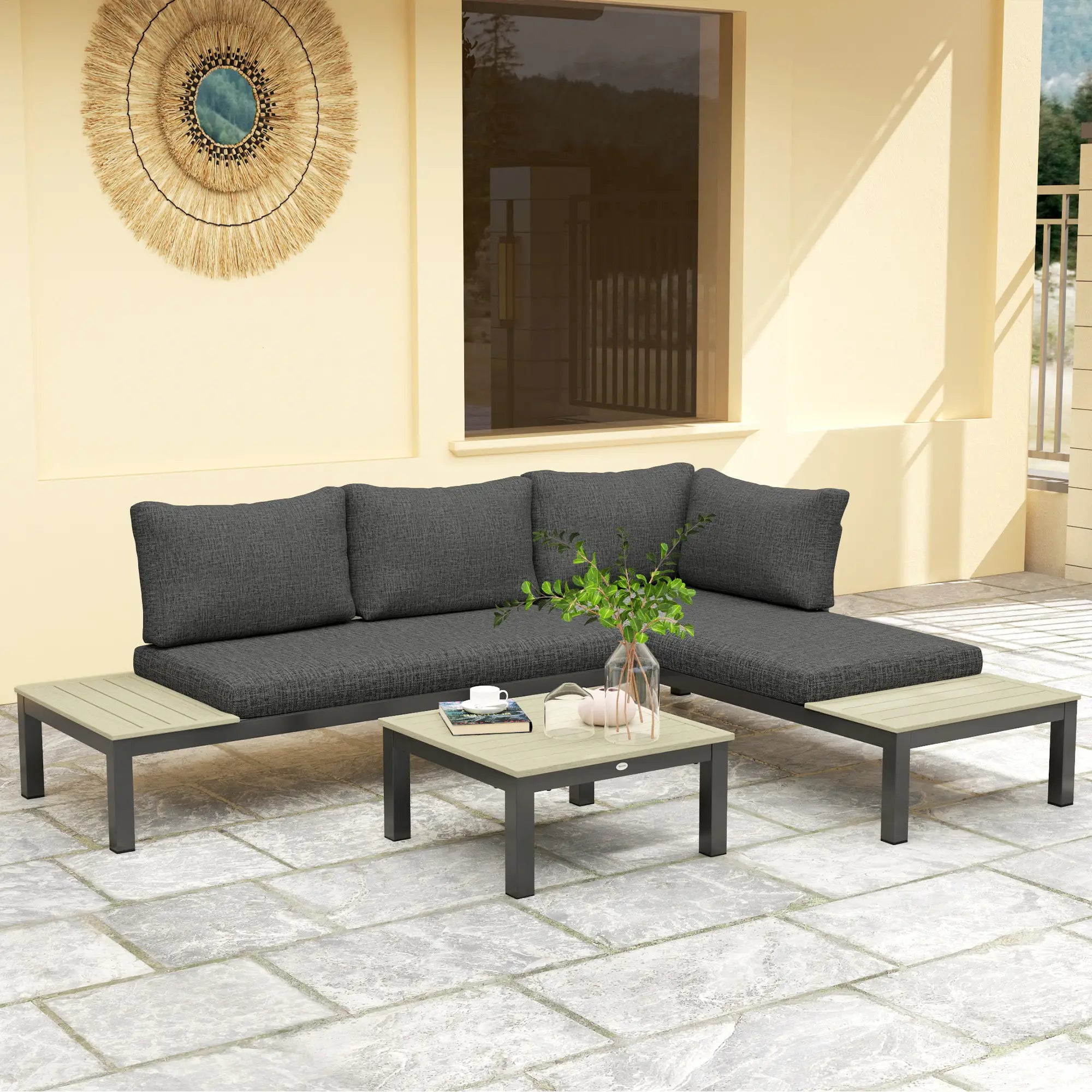 3 Pieces Garden Furniture Set, Aluminium 4 Seater Corner Sofa Set with 2 Loveseats, Coffee Table and Side Trays, Outdoor Conversation Furniture with Cushions for Garden, Dark Grey