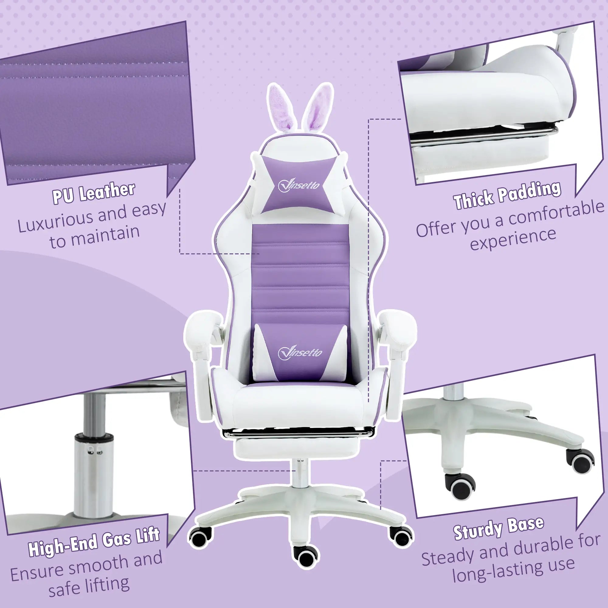 Racing Gaming Chair, Reclining PU Leather Computer Chair with Removable Rabbit Ears, Footrest, Headrest and Lumber Support, Purple Bargain Clearance Centre