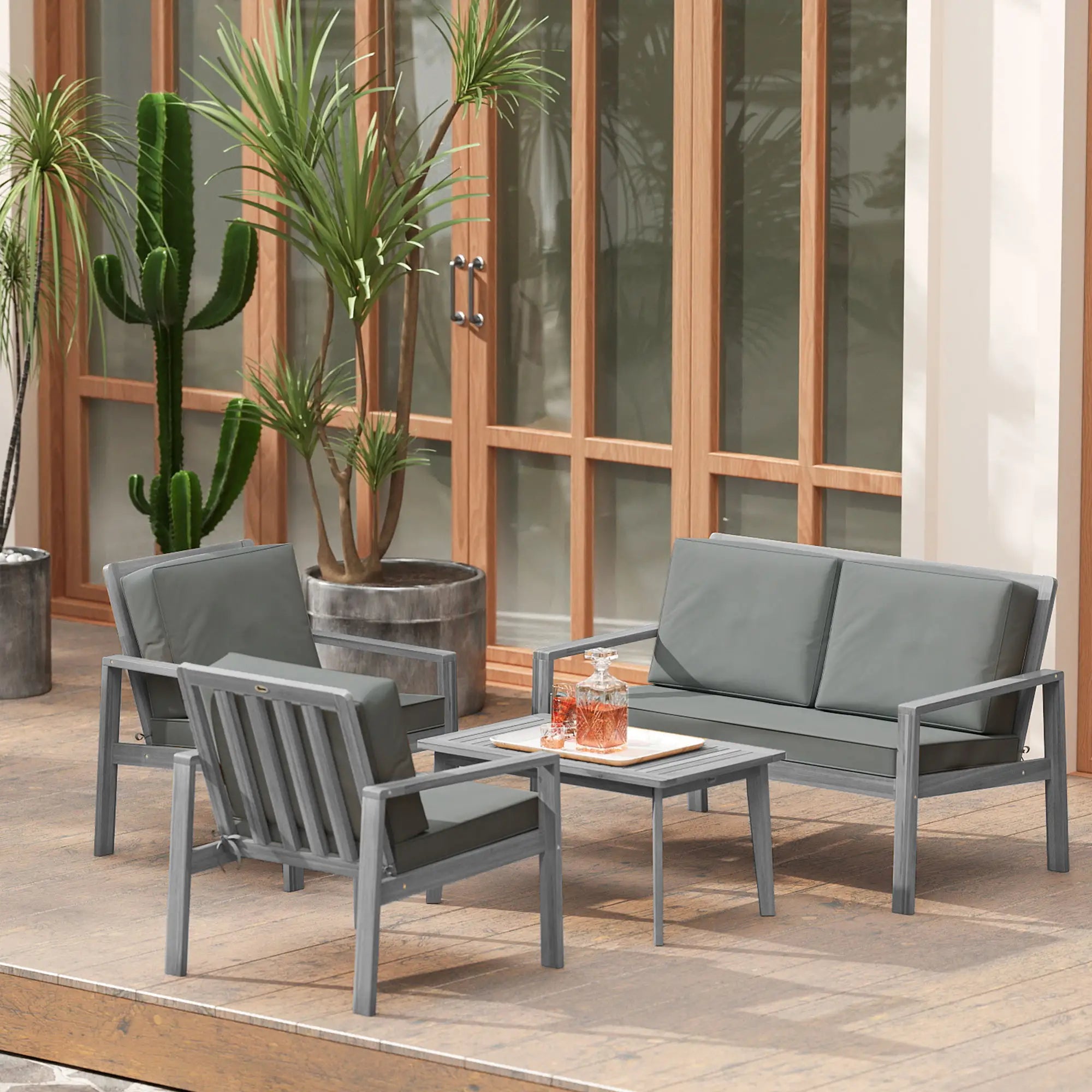 4-Piece Wooden Garden Furniture Set with Cushions - Light Grey