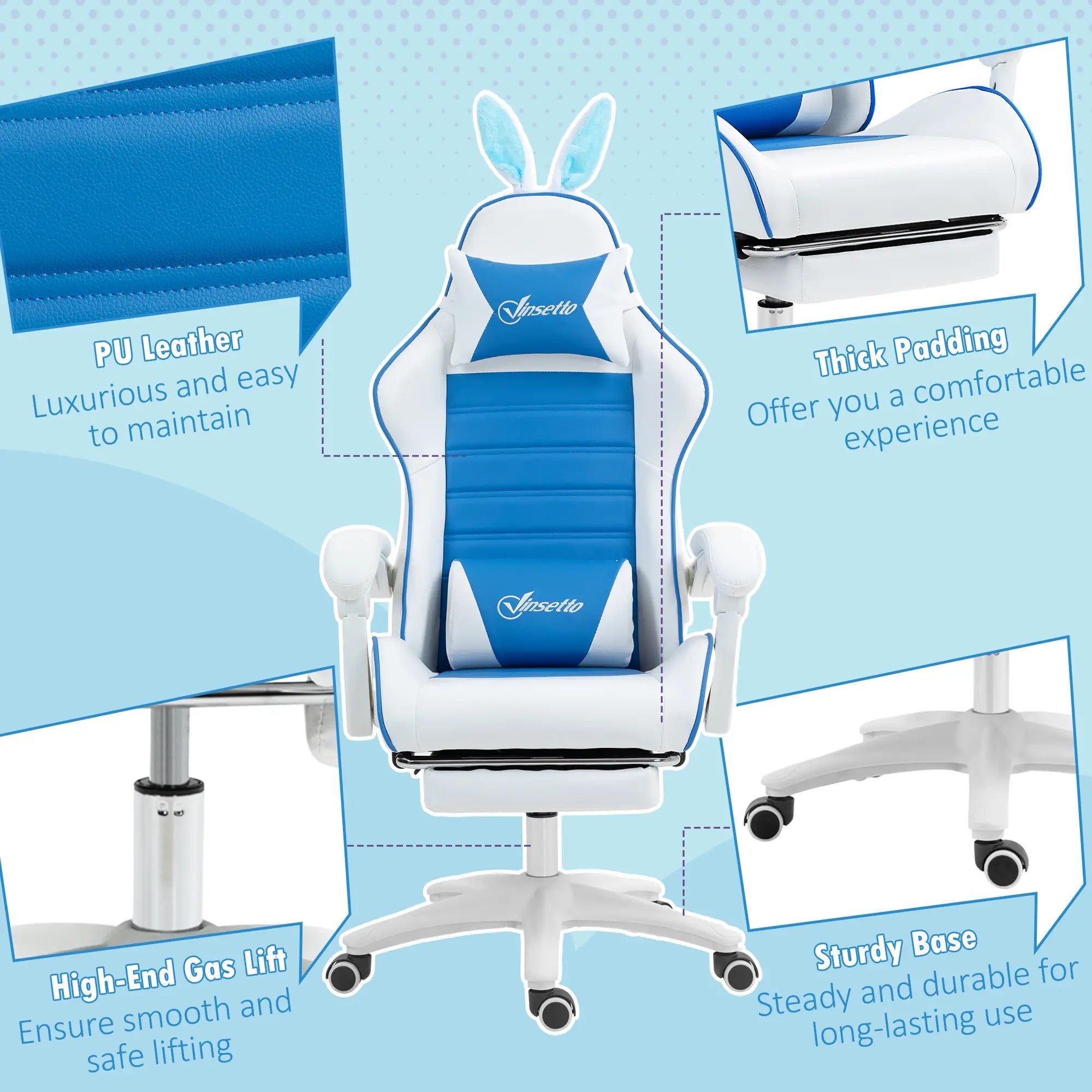 Racing Gaming Chair, Reclining PU Leather Computer Chair with Removable Rabbit Ears, Footrest and Lumber Support, Blue Bargain Clearance Centre