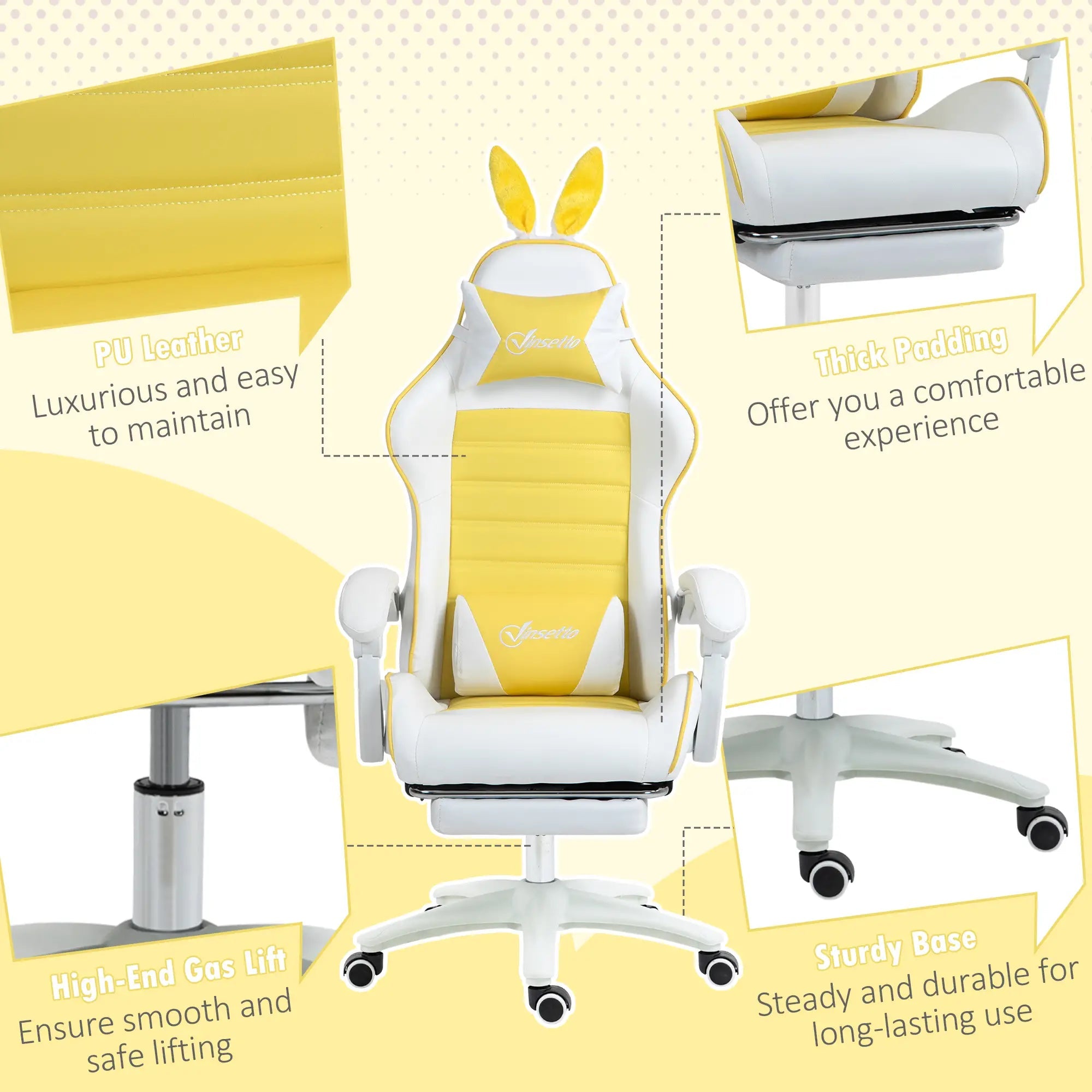 Racing Gaming Chair, Reclining PU Leather Computer Chair with Removable Rabbit Ears, Footrest, Headrest and Lumber Support, Yellow Bargain Clearance Centre