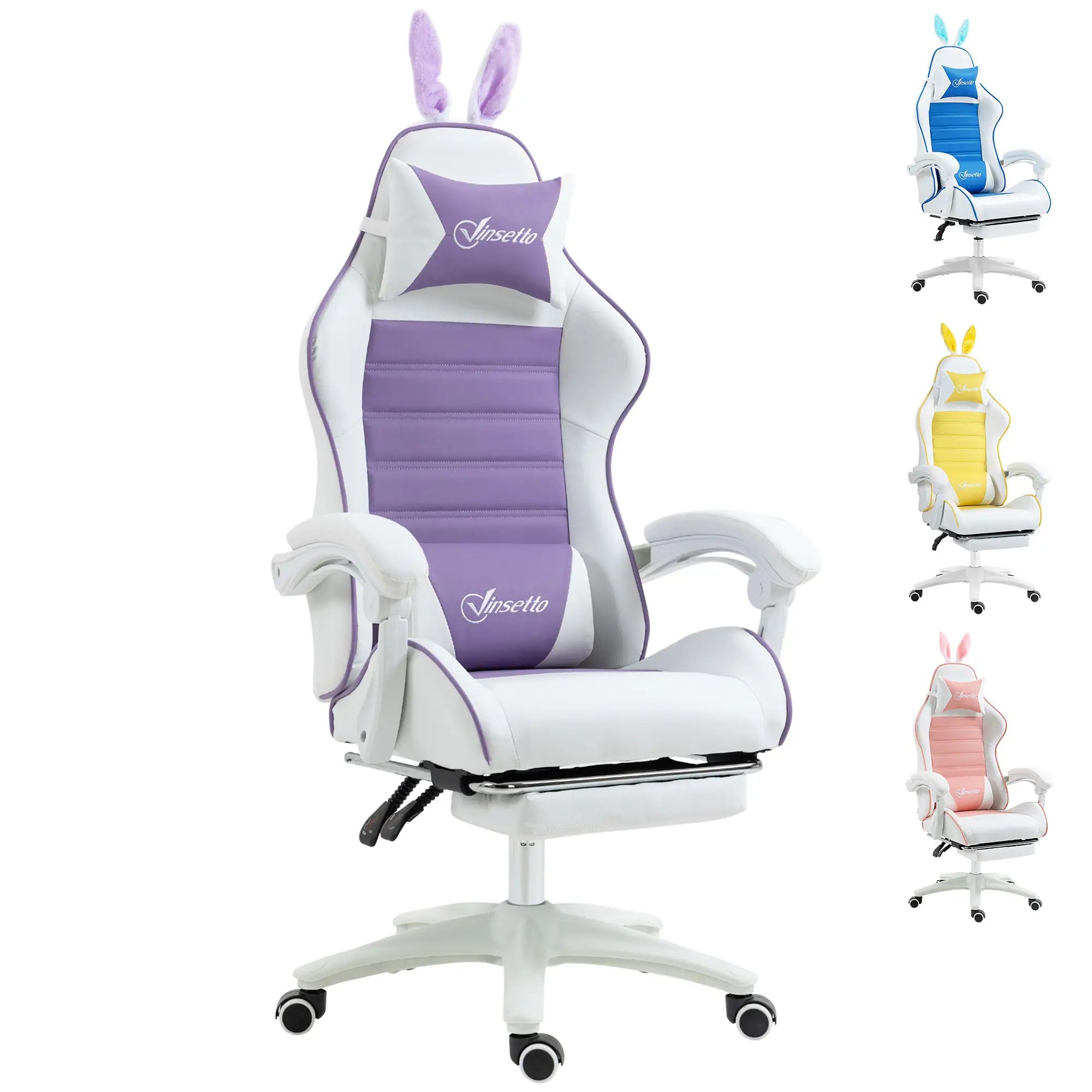 Racing Gaming Chair, Reclining PU Leather Computer Chair with Removable Rabbit Ears, Footrest, Headrest and Lumber Support, Purple Bargain Clearance Centre